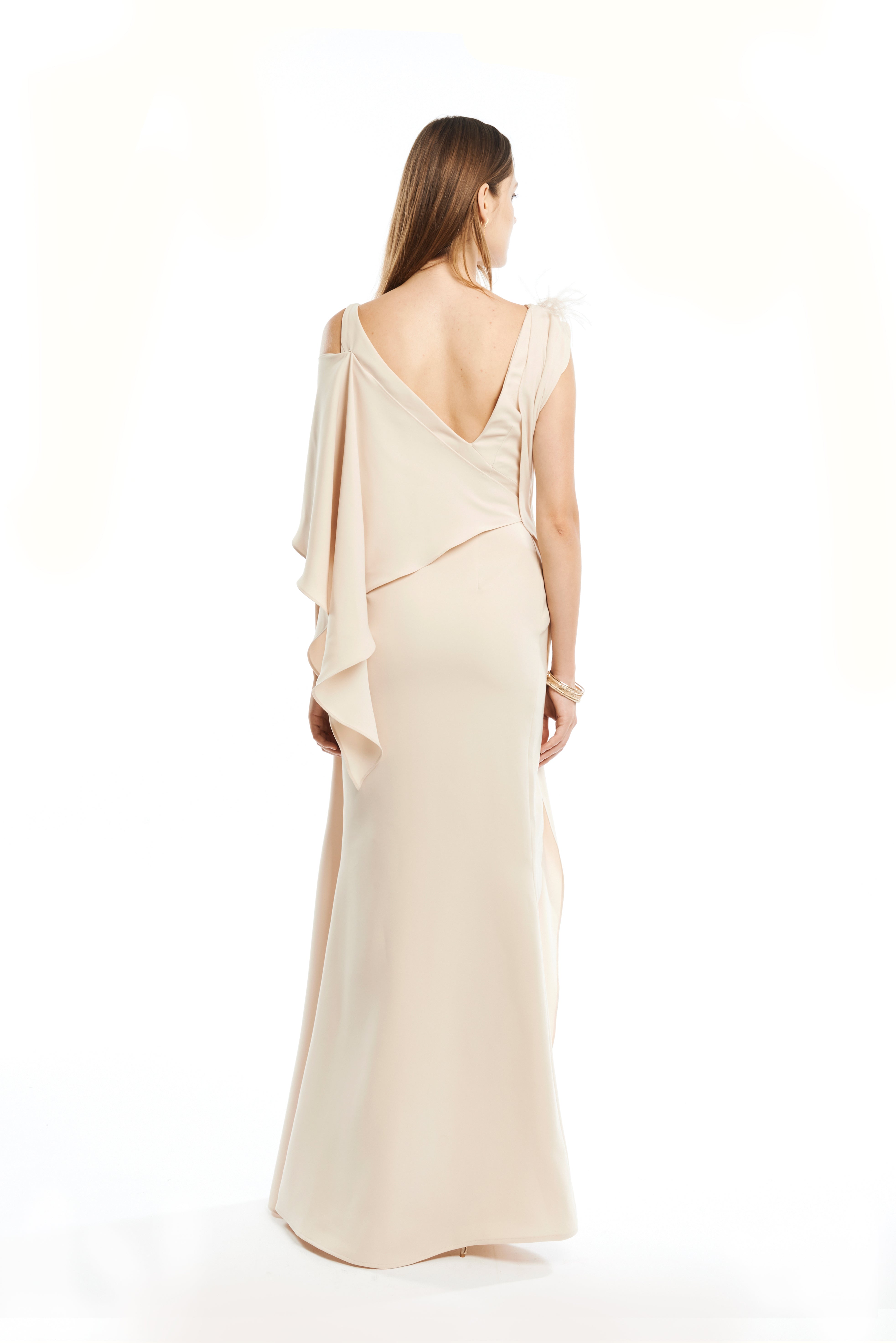 V-NECK ASYMMETRIC MAXI DRESS WITH MANTELLA