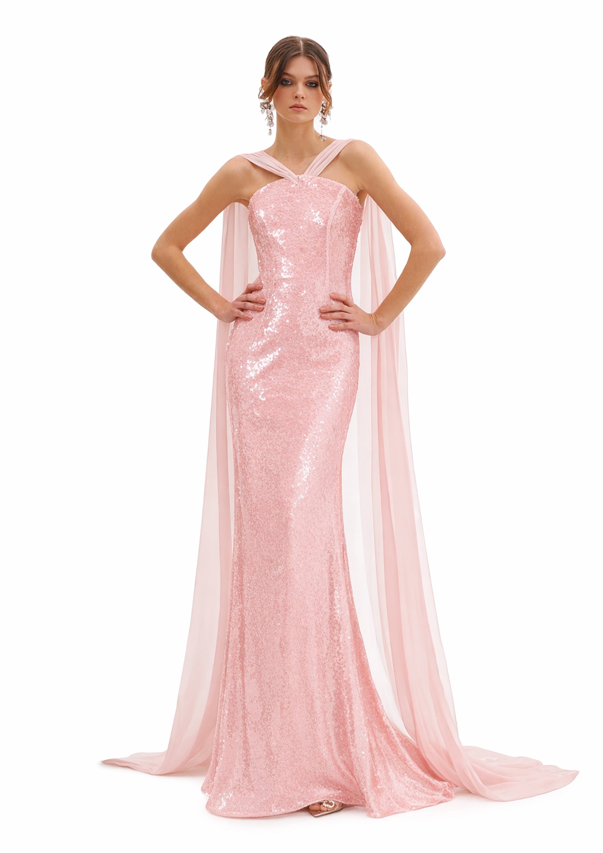 EMBELLISHED GOWN WITH IVORY CAPE SLEEVES