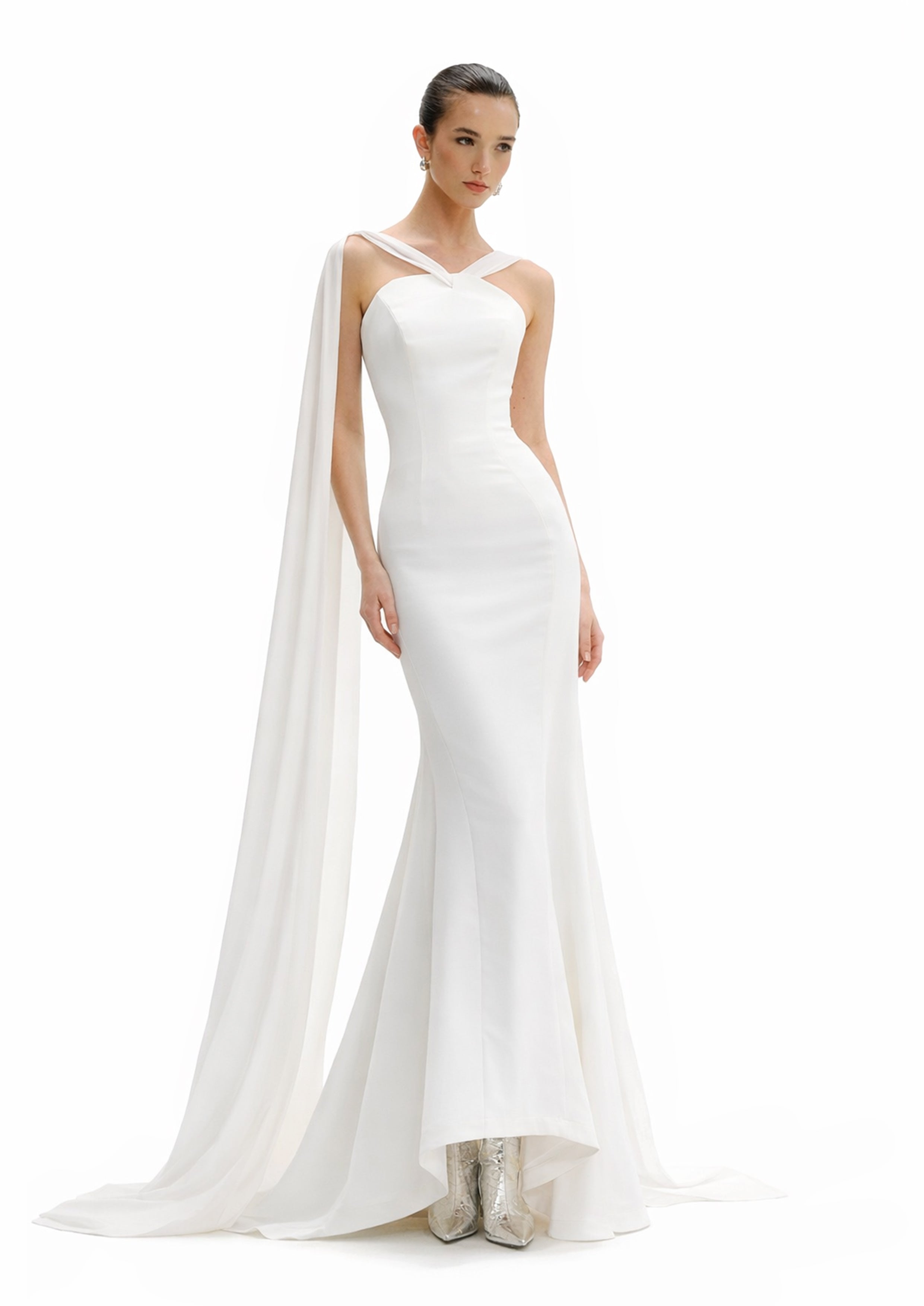 HIGH-LOW GOWN WITH FLOWING SHOULDER TIES