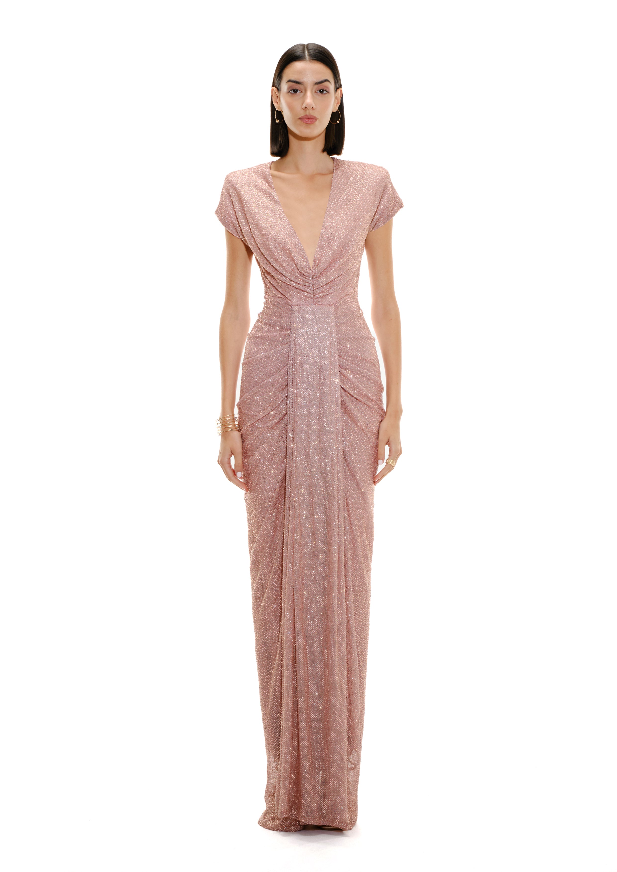 Sculpted plunge pleated maxi dress with deep neckline, Avaro Figlio SS26 front view