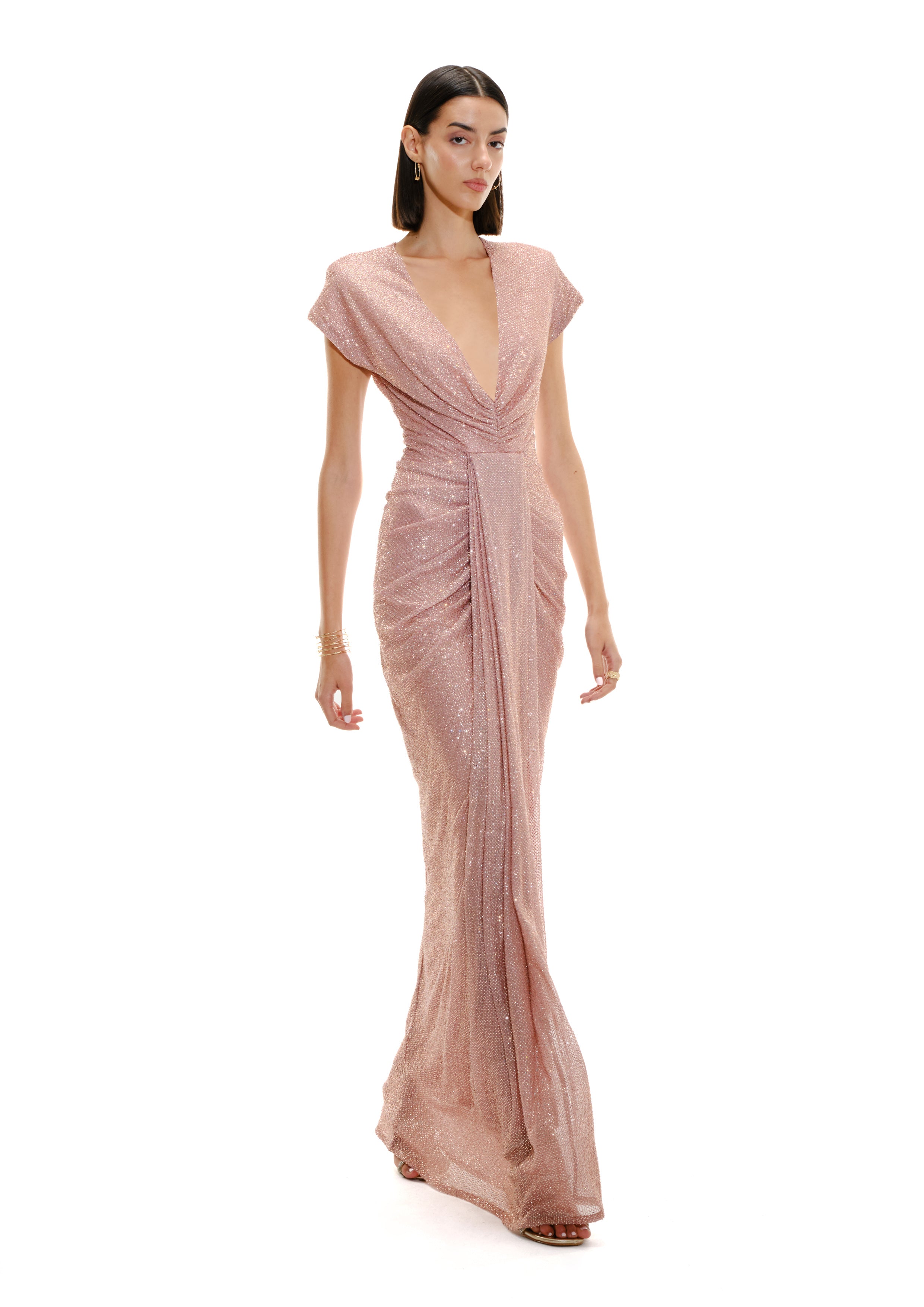 SCULPTED PLUNGE PLEATED MAXI DRESS