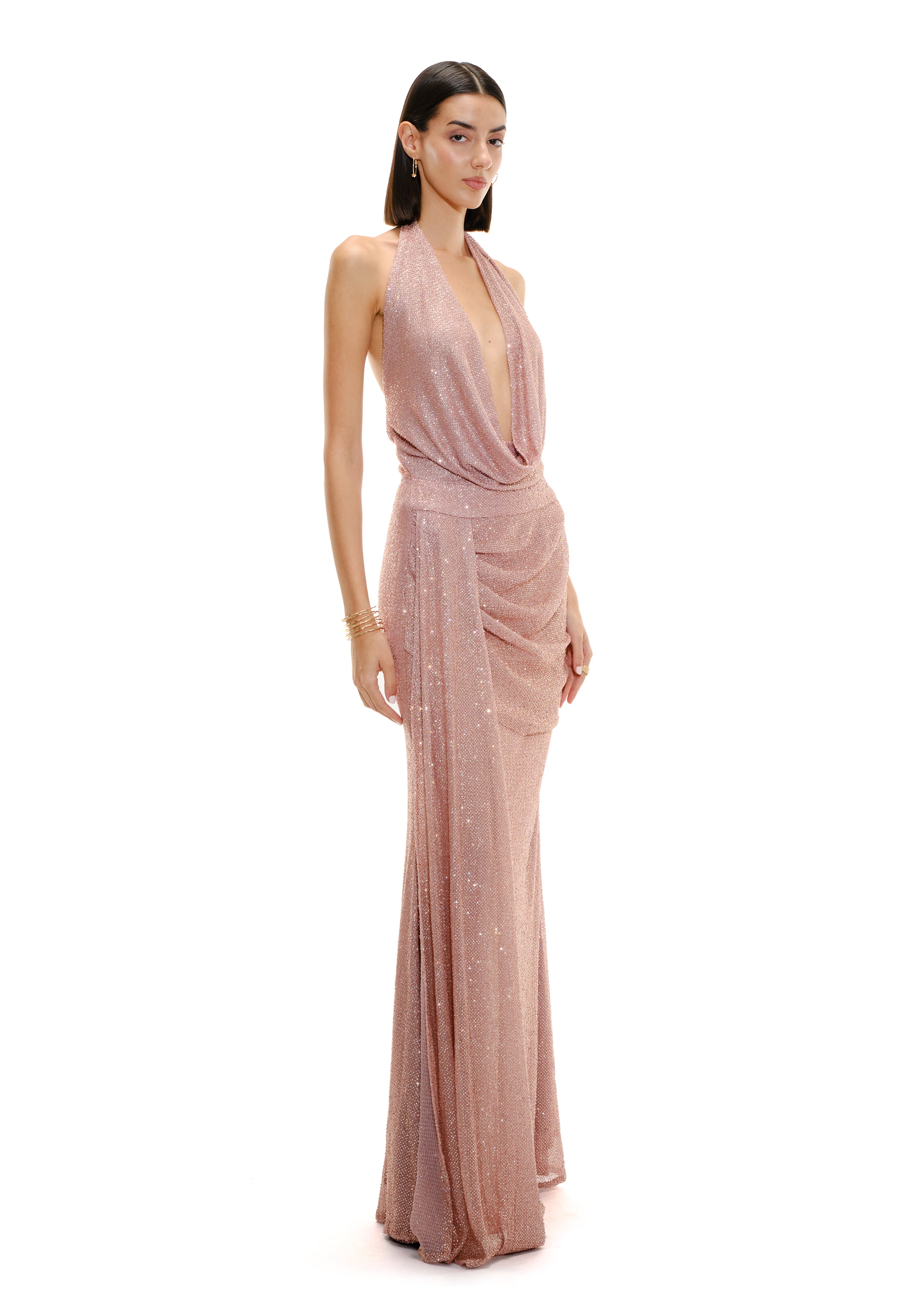 COWL NECK CRYSTAL MAXI DRESS