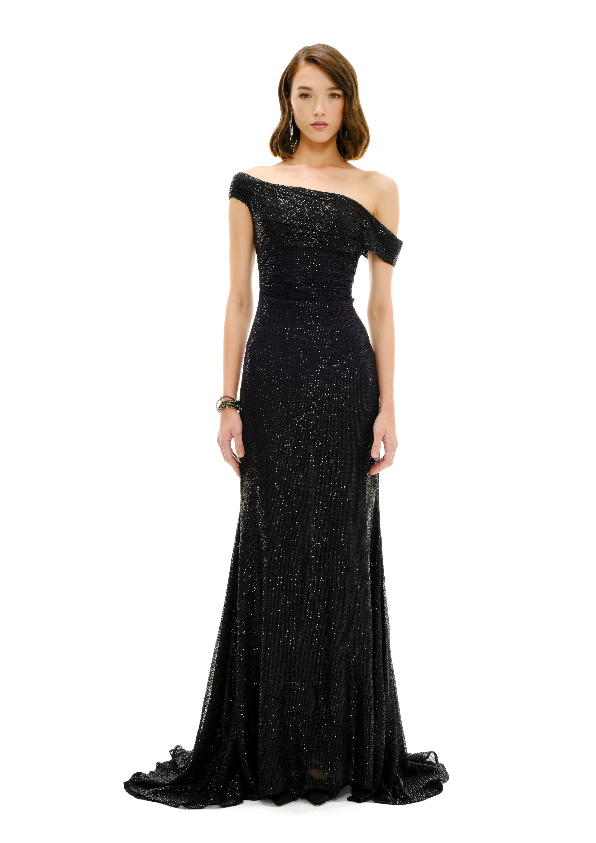 CRYSTAL DRAPED SHOULDER MAXI DRESS