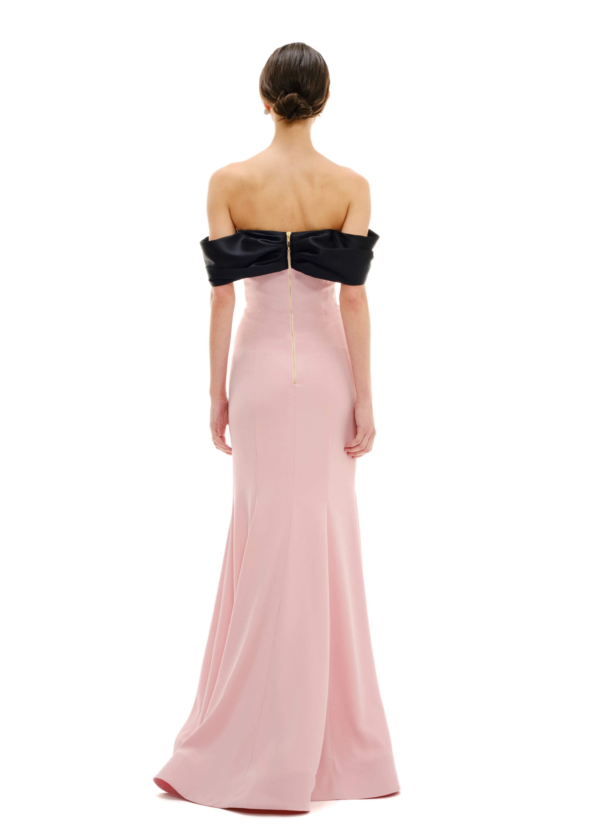 OFF SHOULDER GOWN WITH DRAPED CONTRAST DETAIL