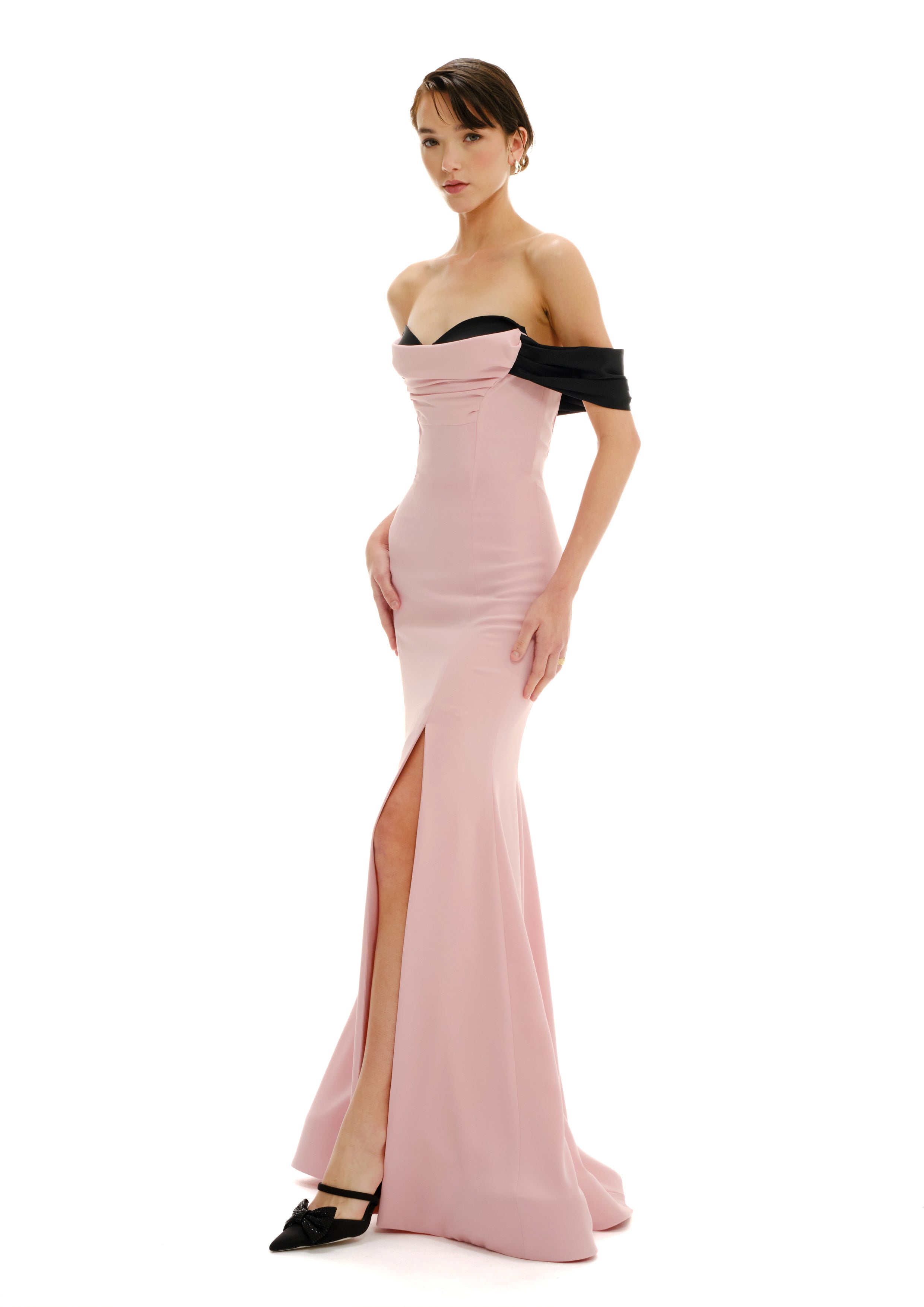 OFF SHOULDER GOWN WITH DRAPED CONTRAST DETAIL