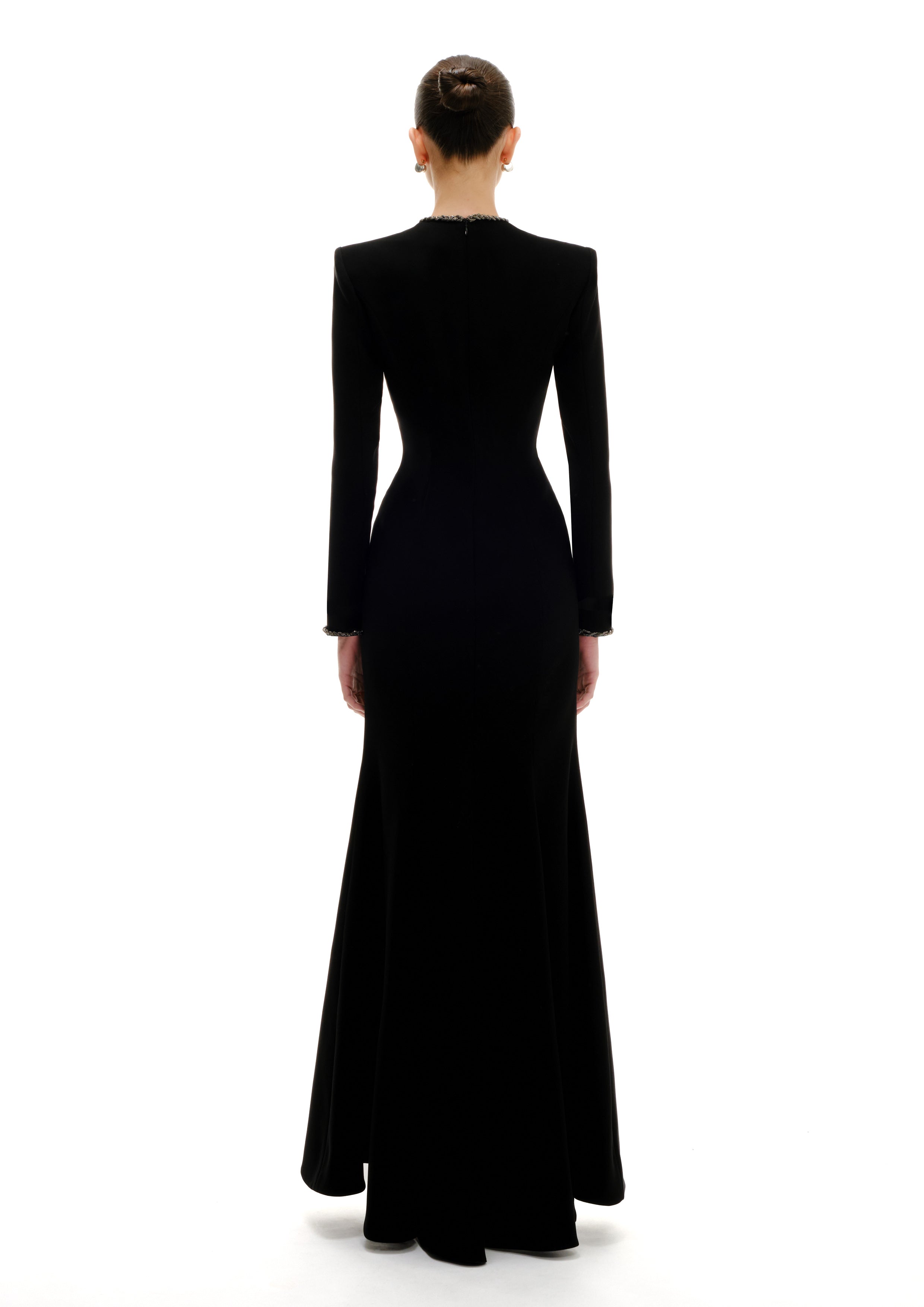 Black evening gown Suited silhouette maxi dress back view, Avaro Figlio SS26