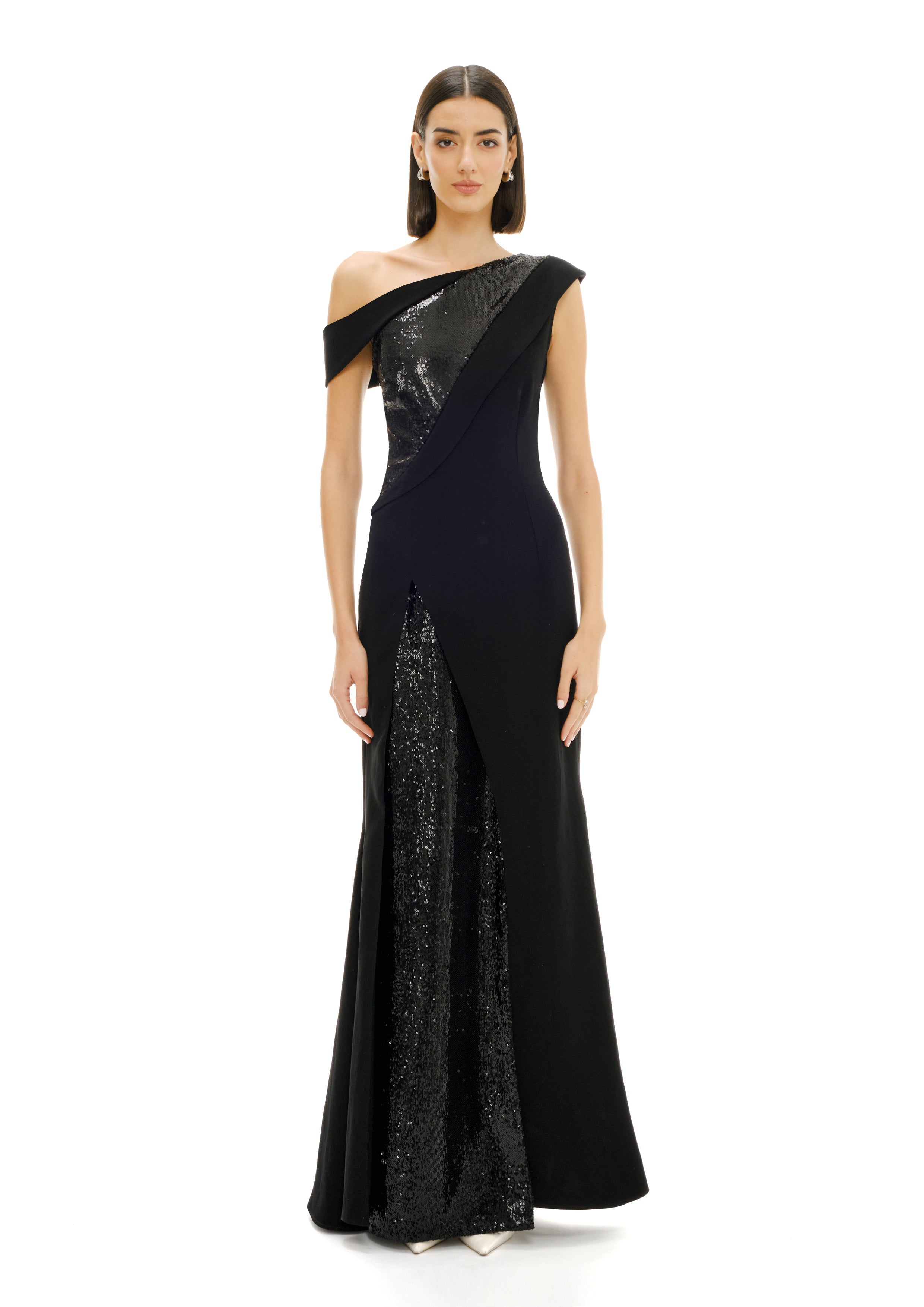 ONE-SHOULDER SEQUIN PANEL GOWN