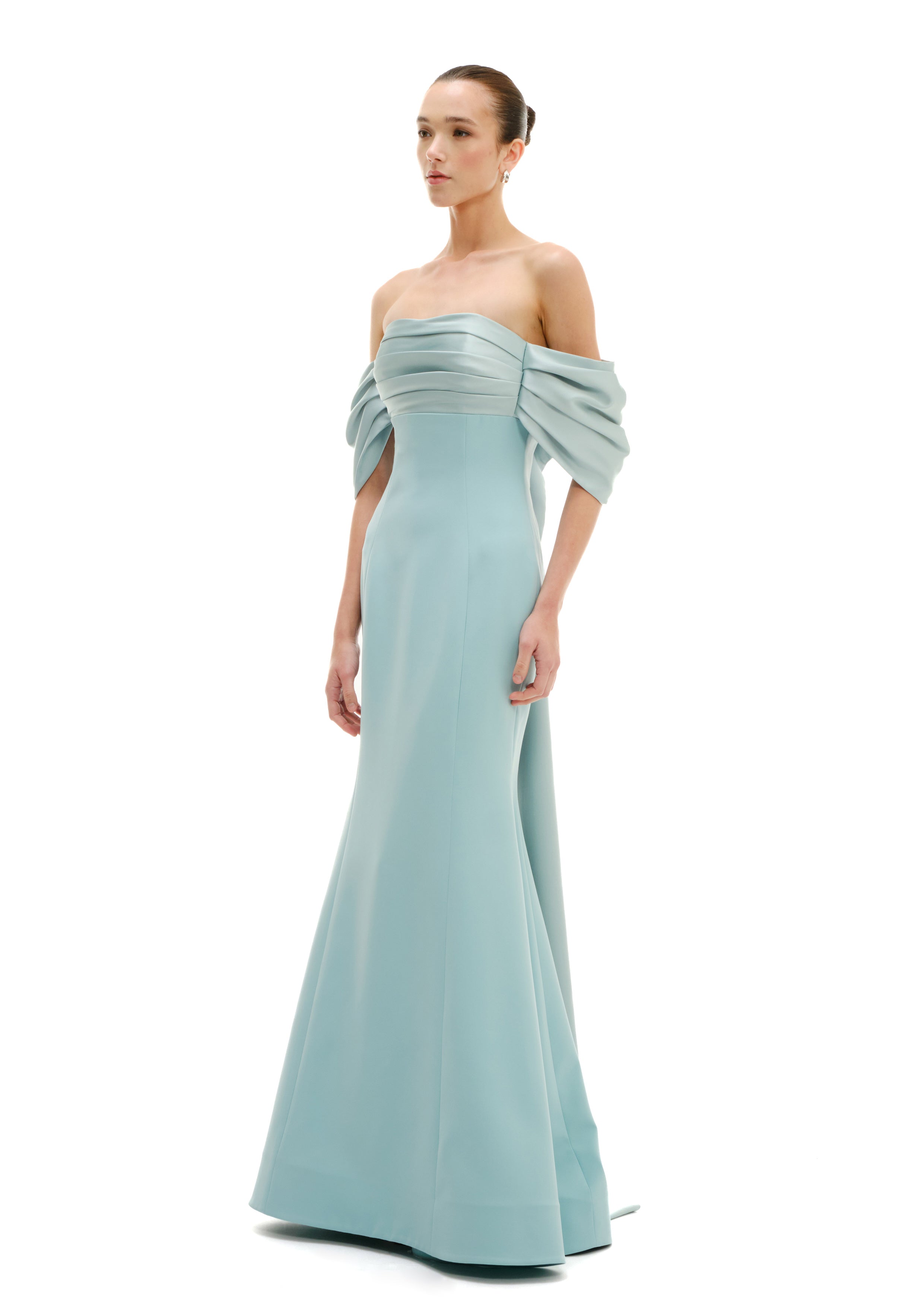 BUSTIER MERMAID MAXI DRESS WITH DRAPED SLEEVES