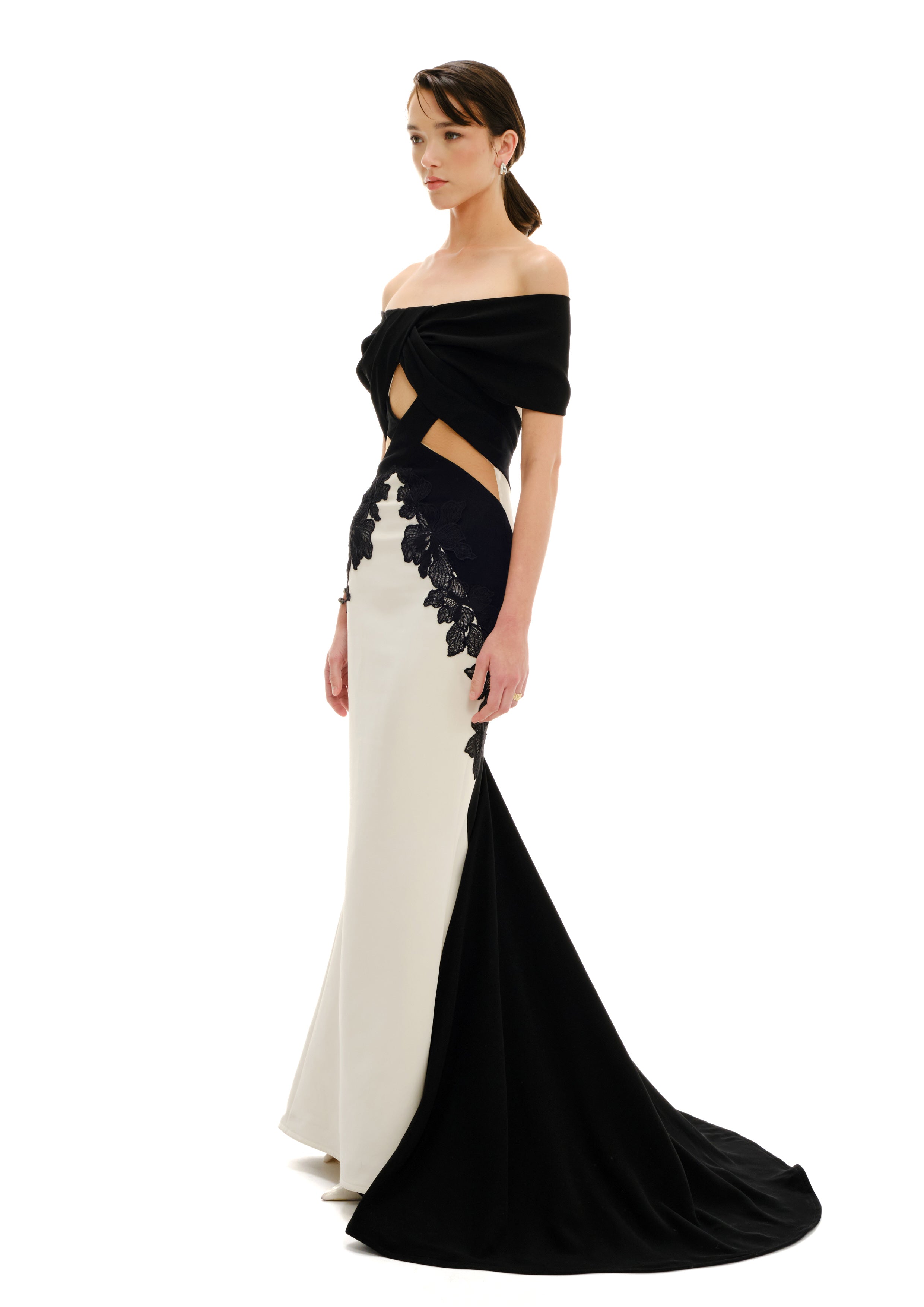 CRISS CROSS BARDOT DRESS WITH LACE