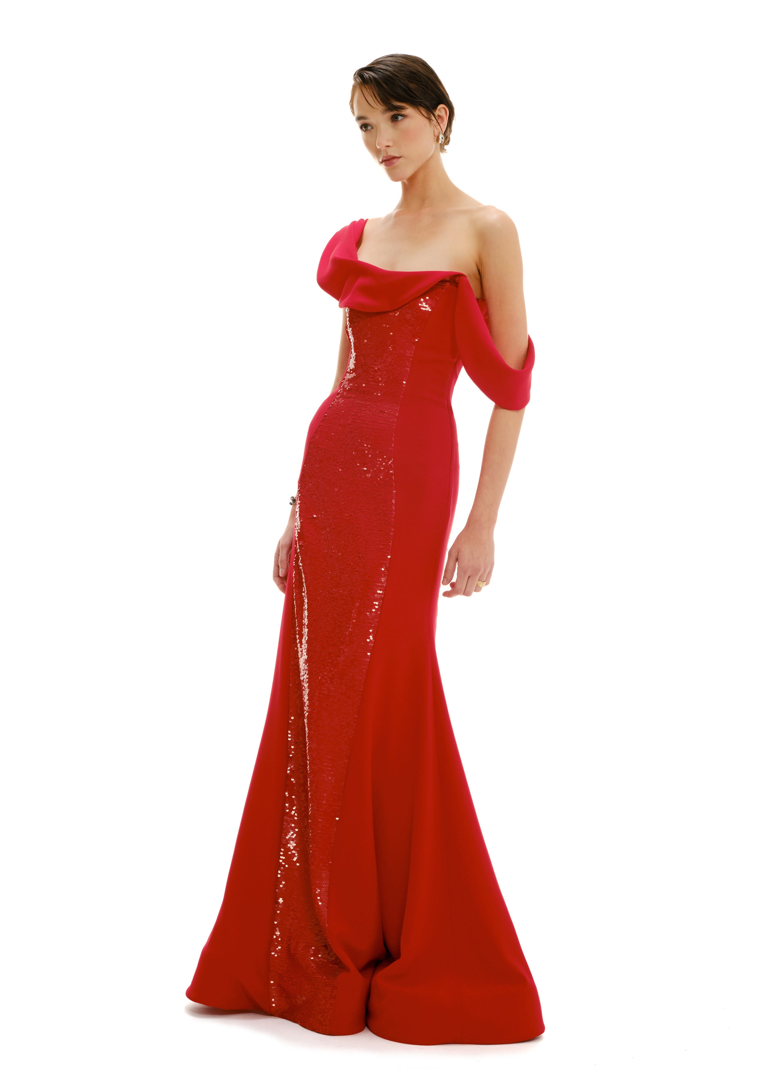 DRAPED SHOULDER BUSTIER MAXI DRESS