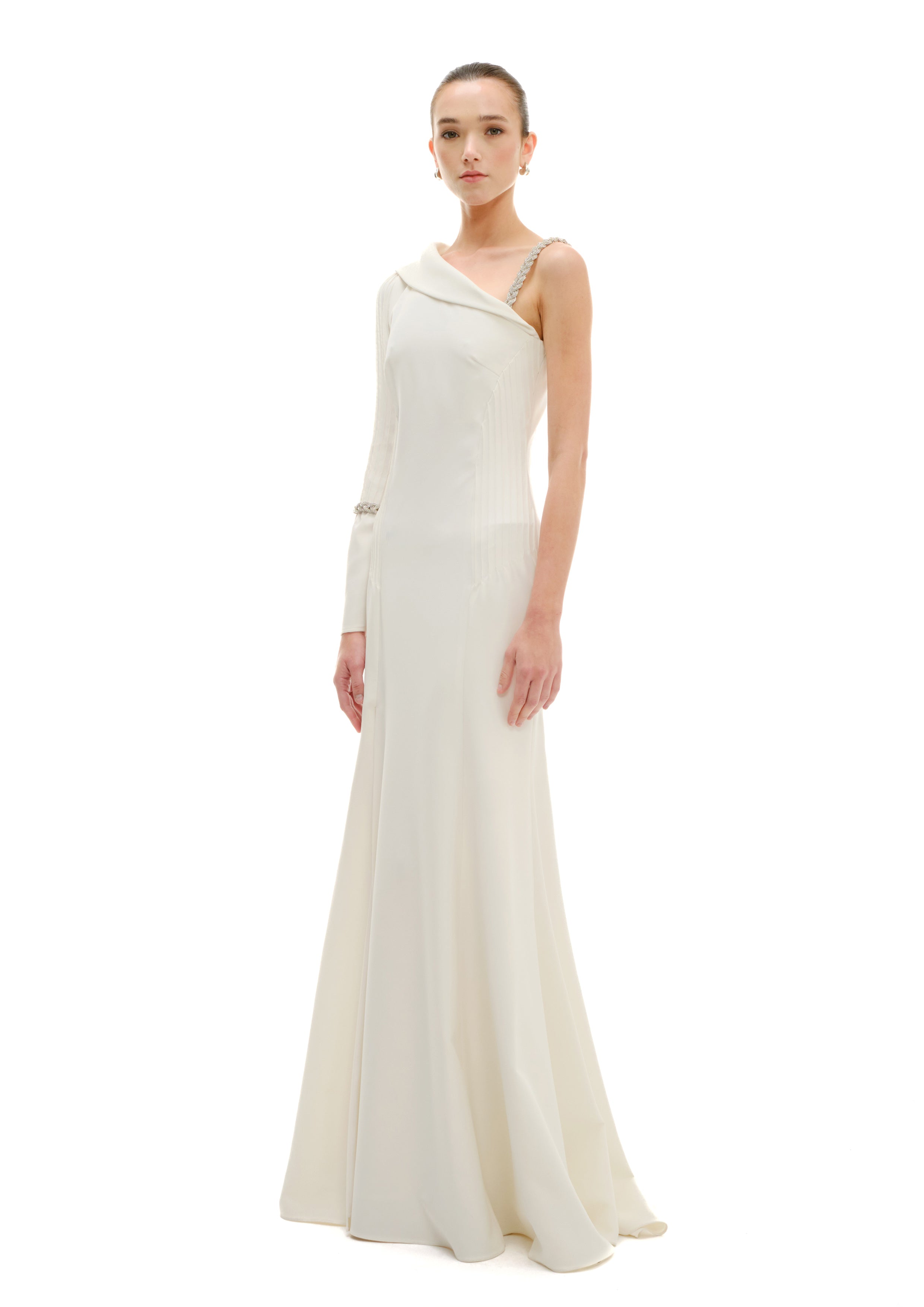 ONE SHOULDER CRYSTAL BRAIDED MAXI DRESS