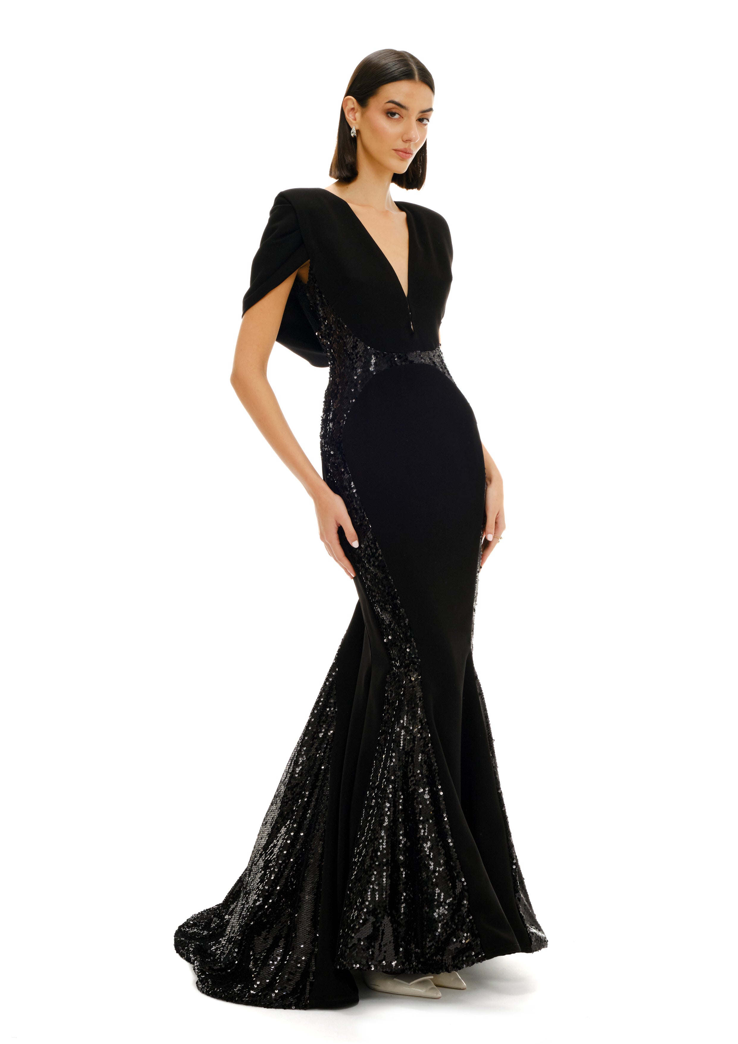 V NECK MERMAID GOWN WITH SEQUIN INSERTS