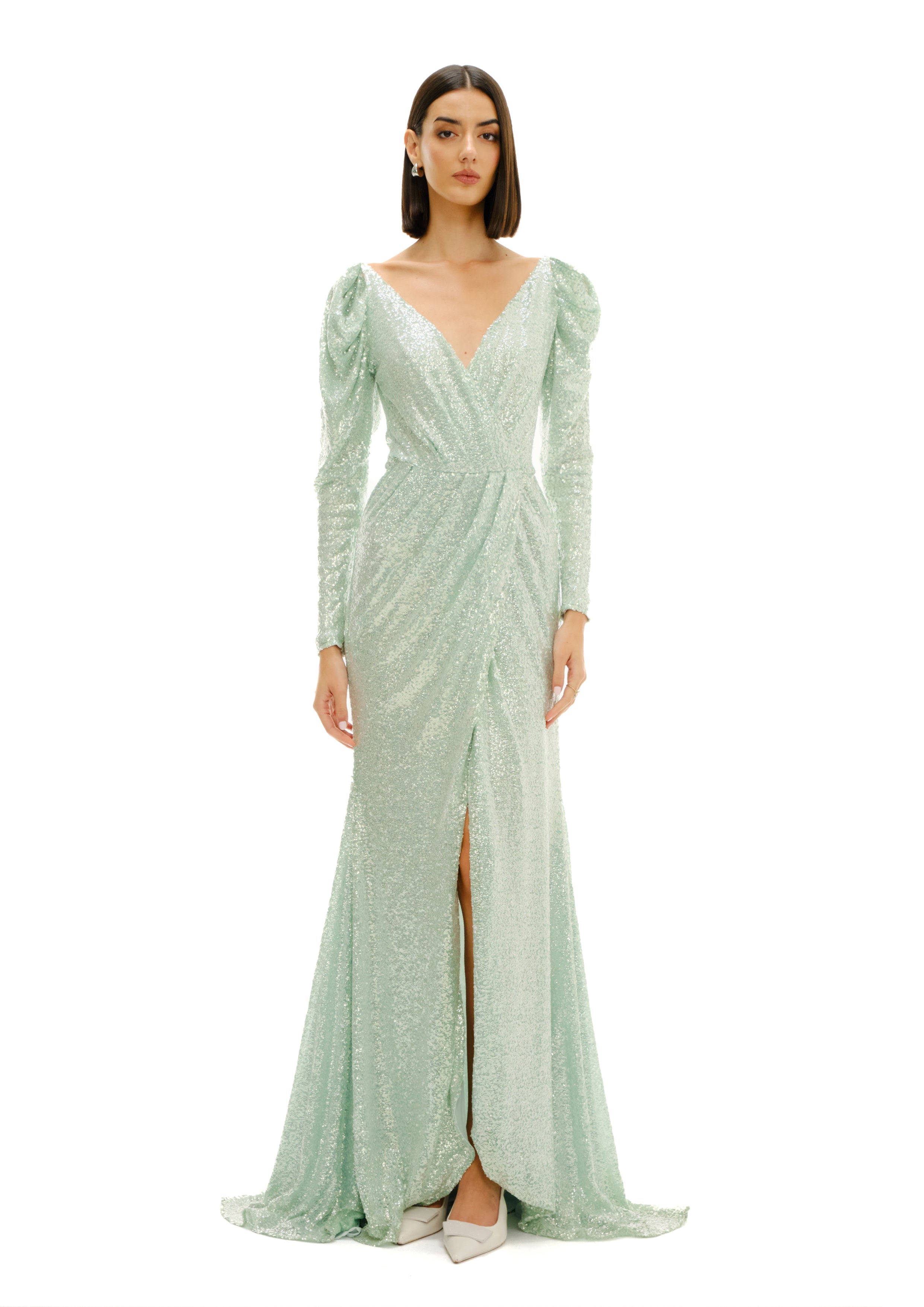 Wrap-around long-sleeve sequin dress, Avaro Figlio SS26 front view