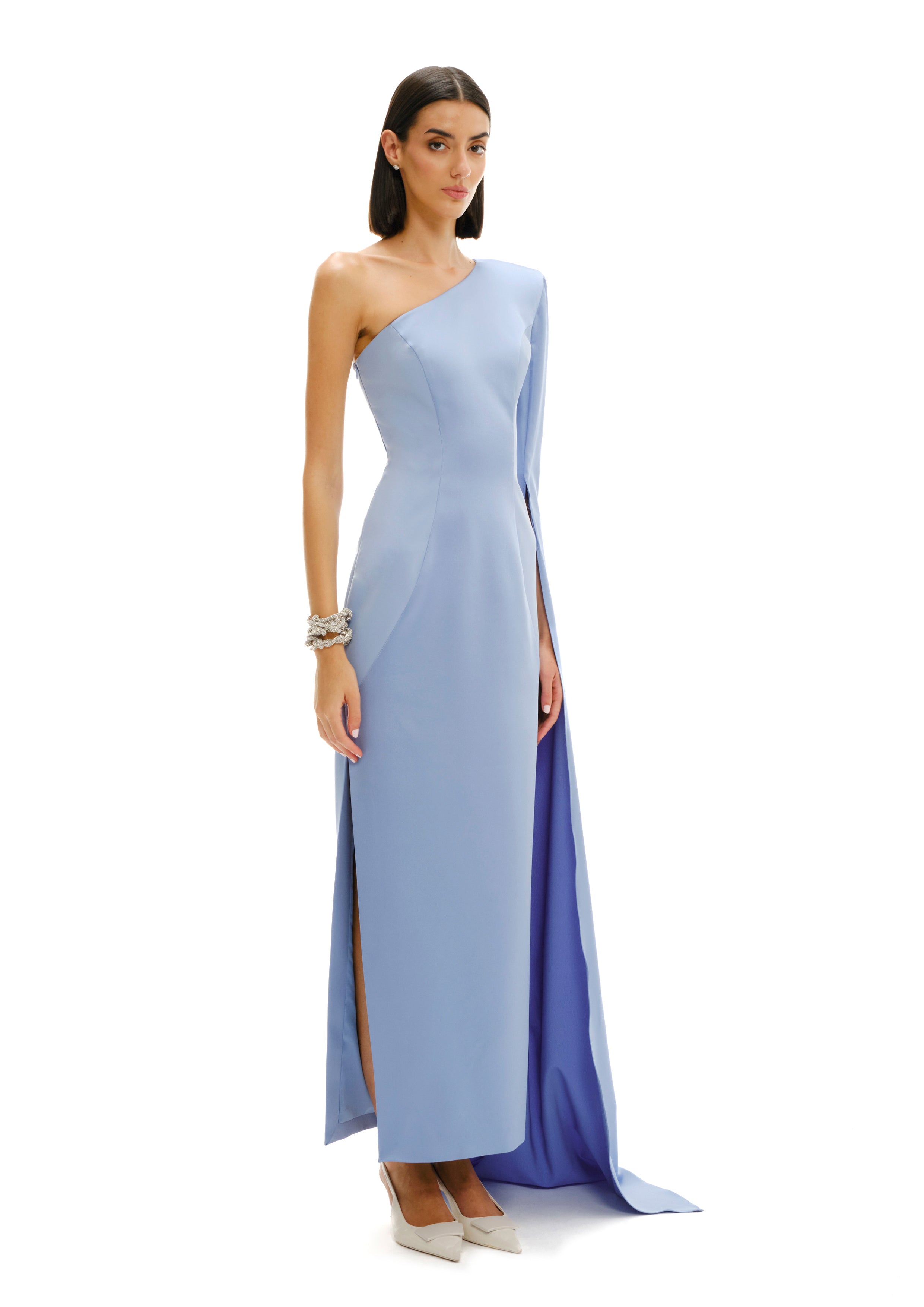 One-shoulder shadow maxi dress side view showing asymmetric drape, SS26