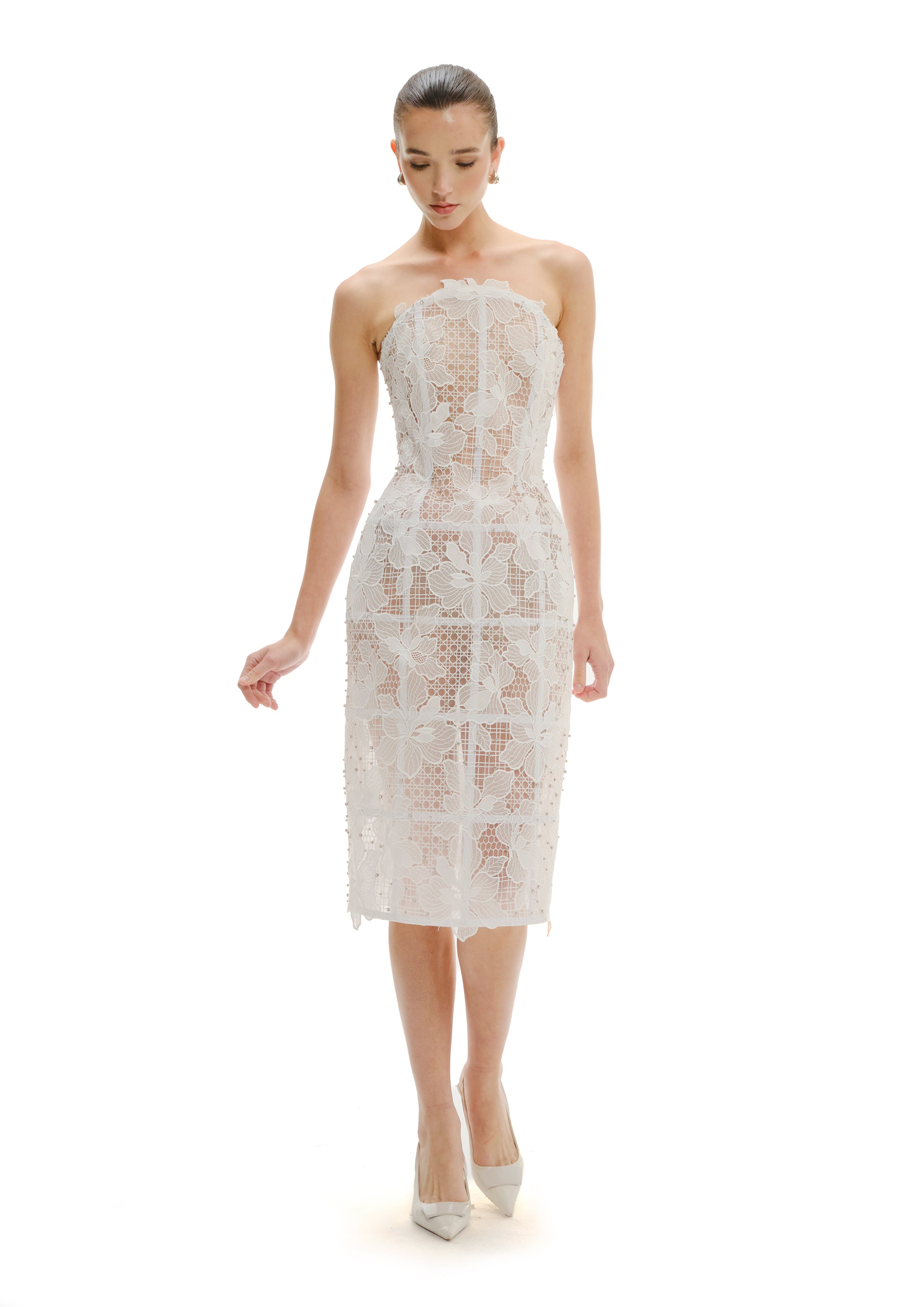 SHEER MIST STRUCTURED MIDI DRESS