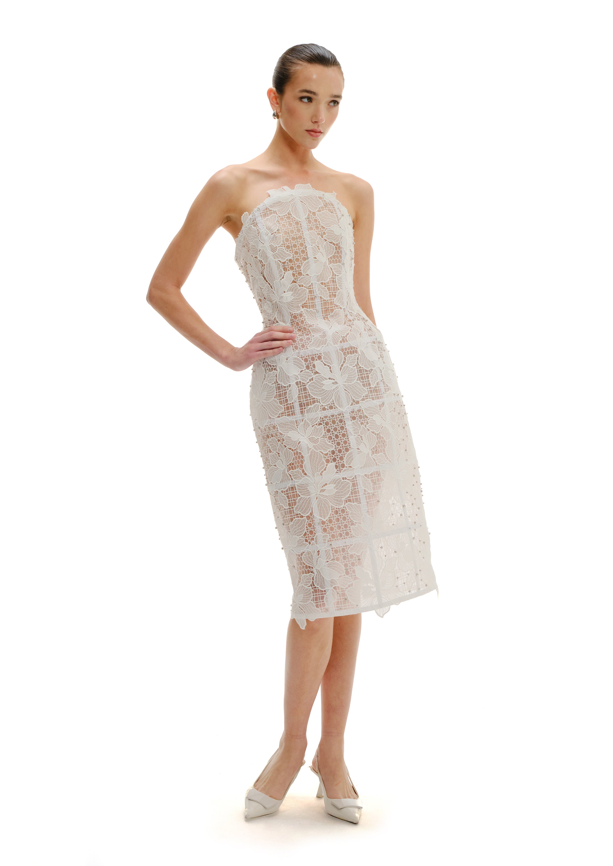 SHEER MIST STRUCTURED MIDI DRESS