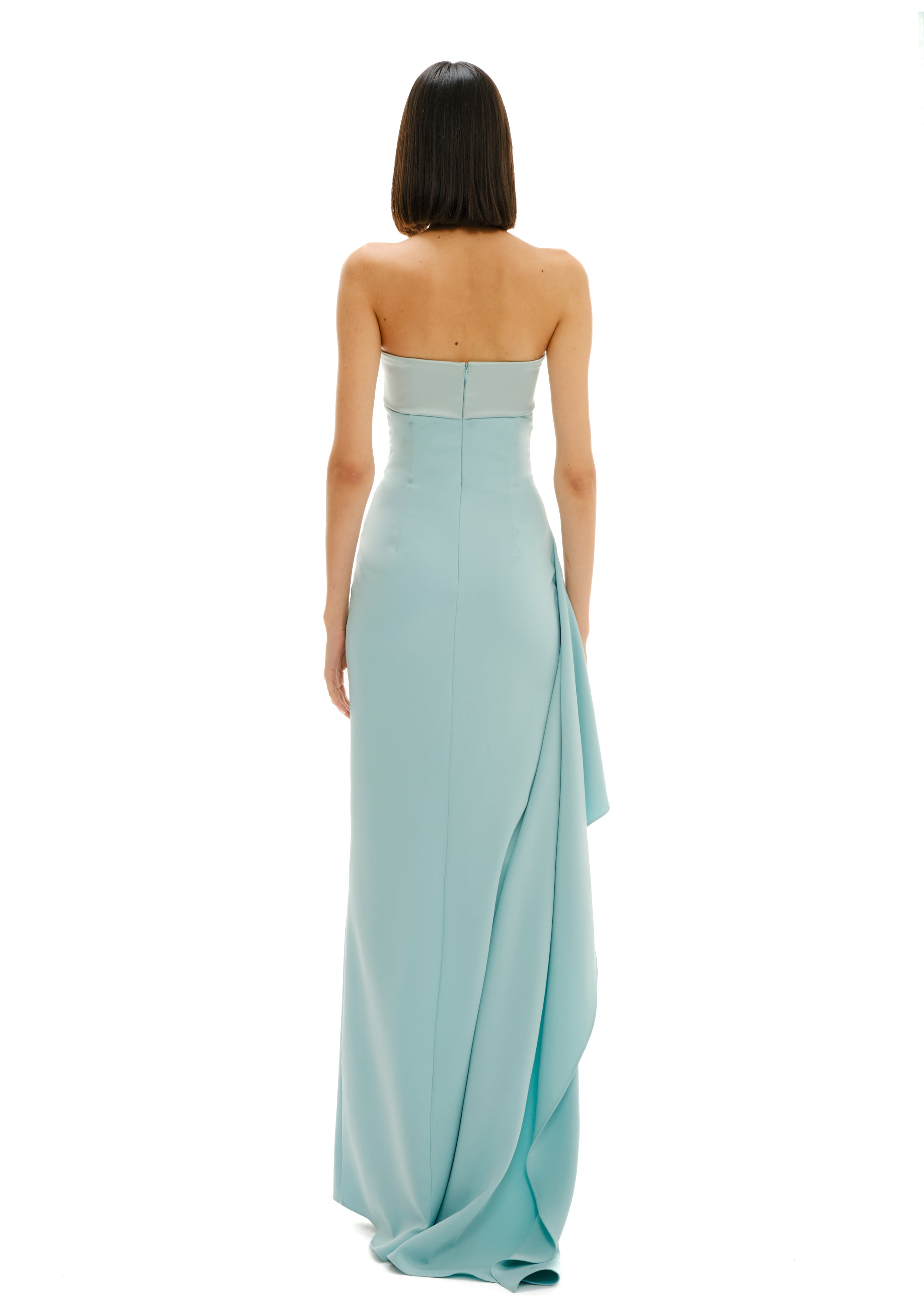 Strapless bustier maxi dress back view, Avaro Figlio SS26