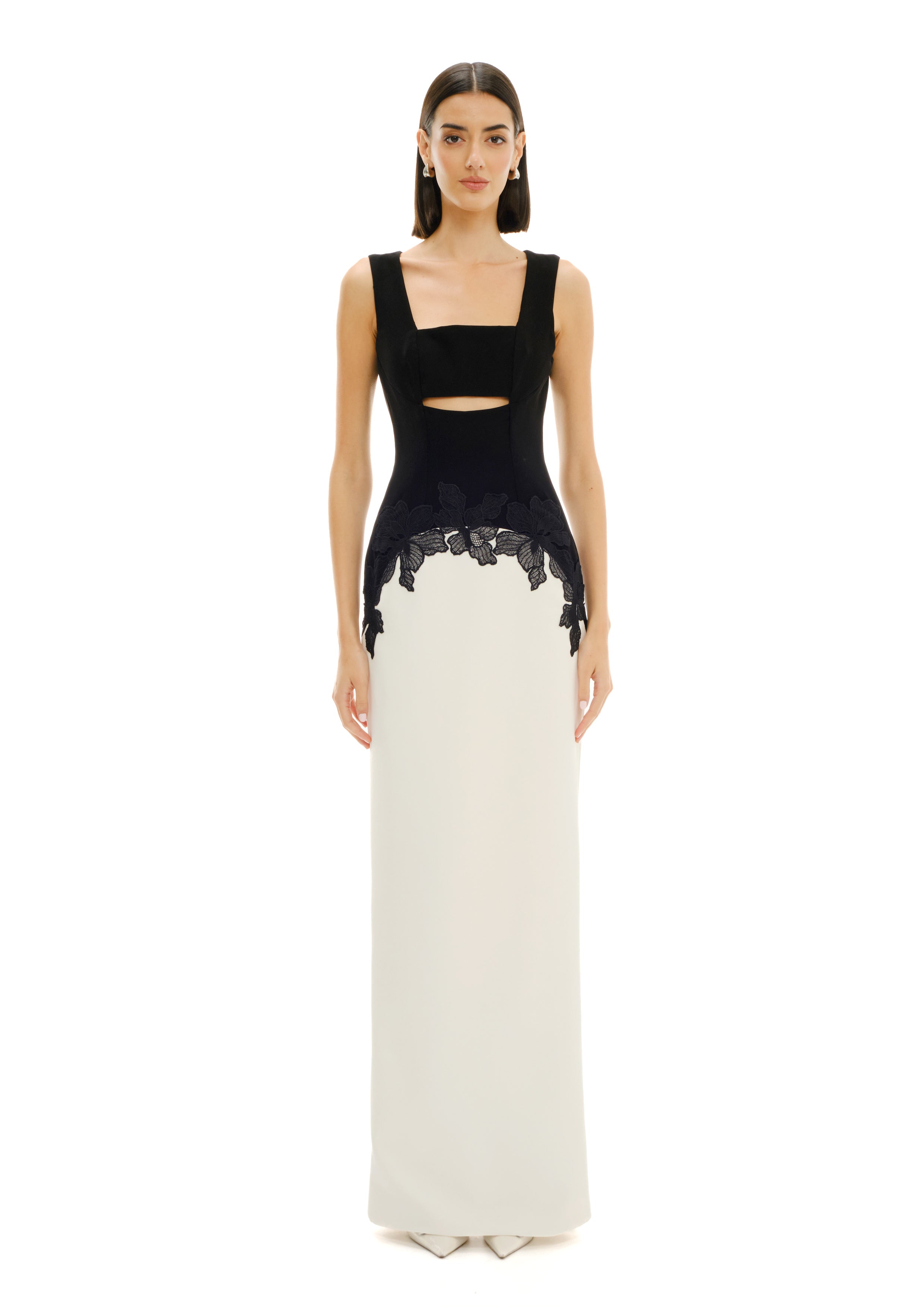 BLOCK COLOUR CUTOUT DRESS WITH LACE