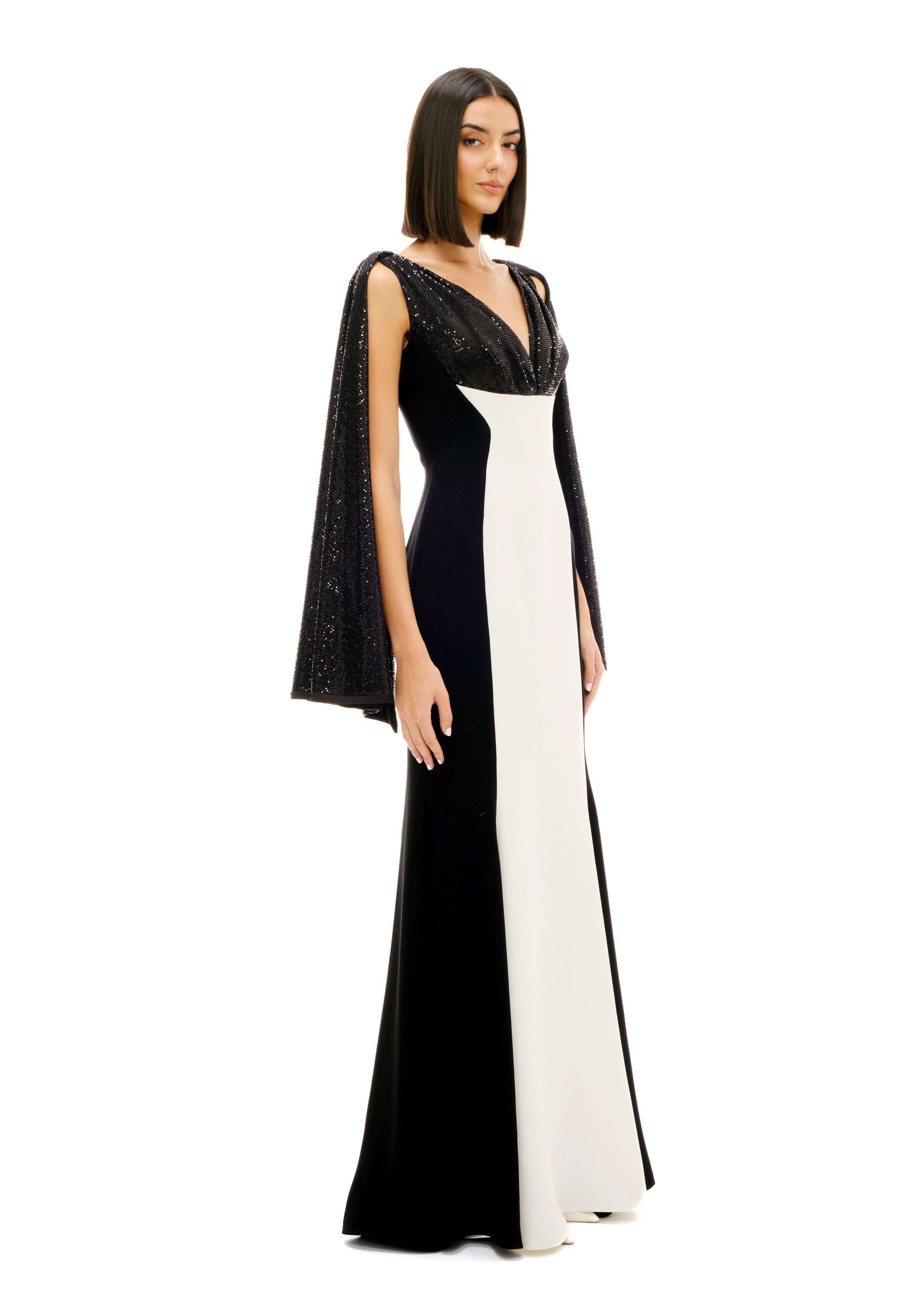 BLOCK COLOR GOWN WITH CAPE
