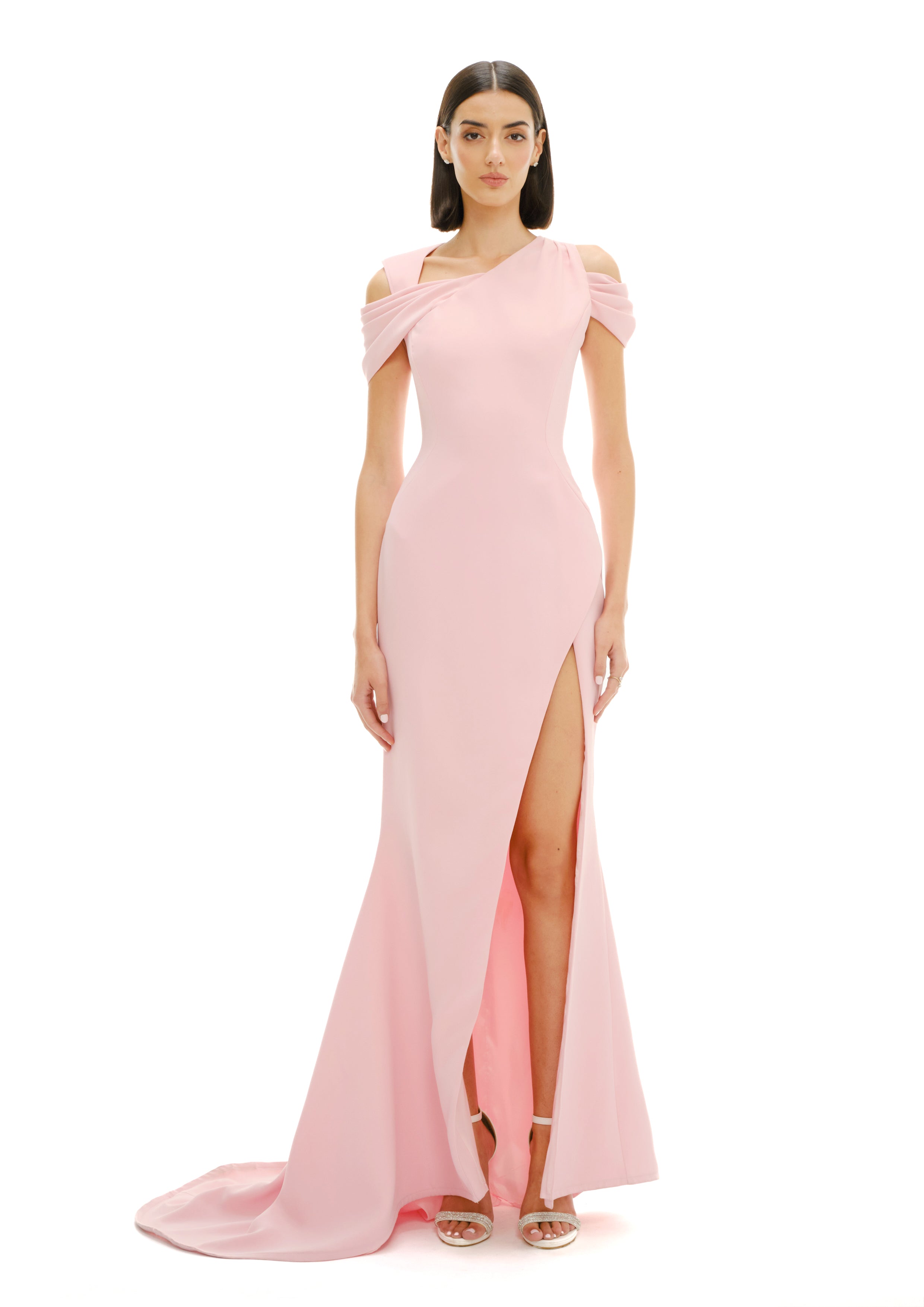Magara draped maxi dress in flowing fabric, front view, Avaro Figlio SS26