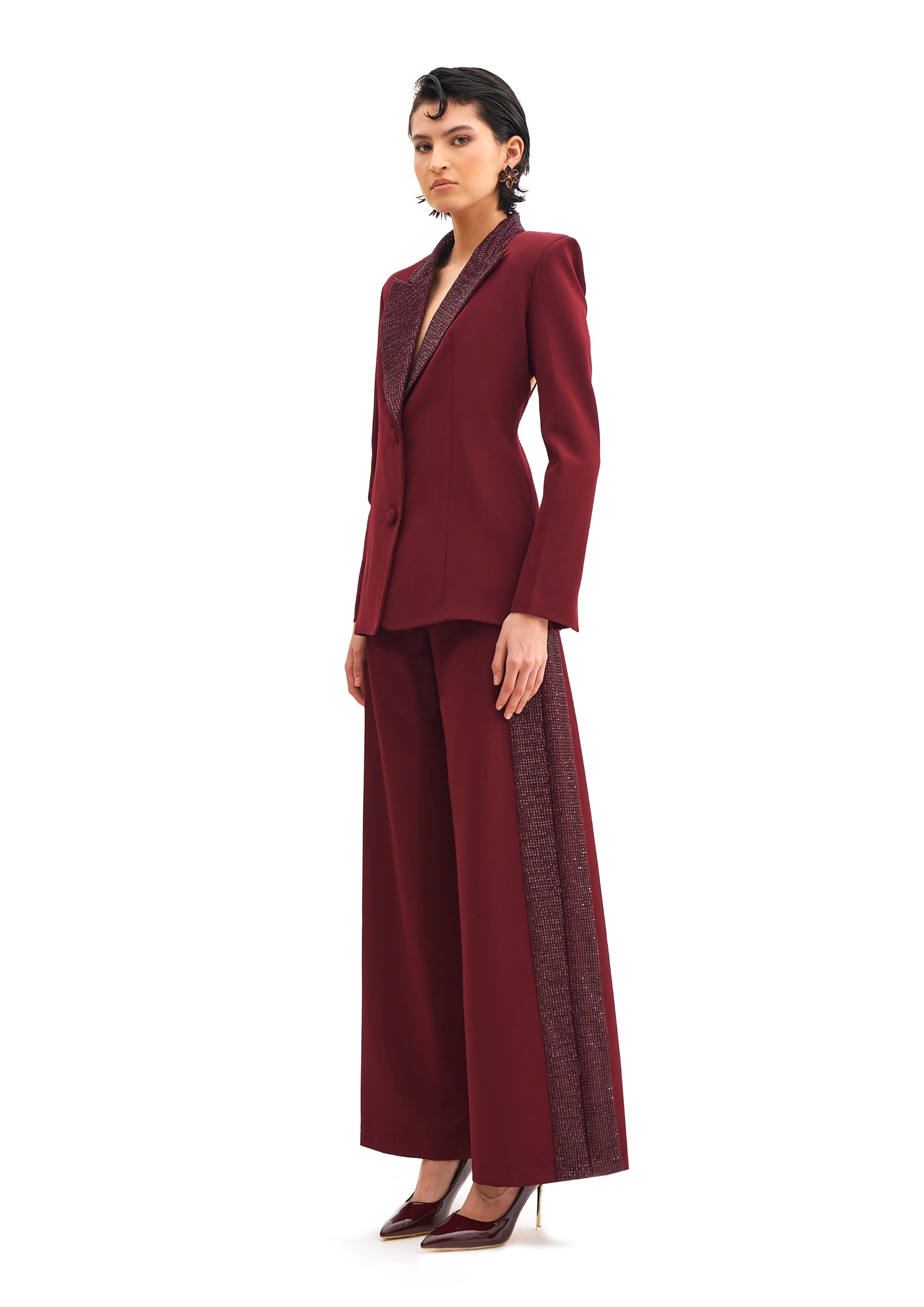 GARNET TROUSERS WITH STARLIT ACCENTS