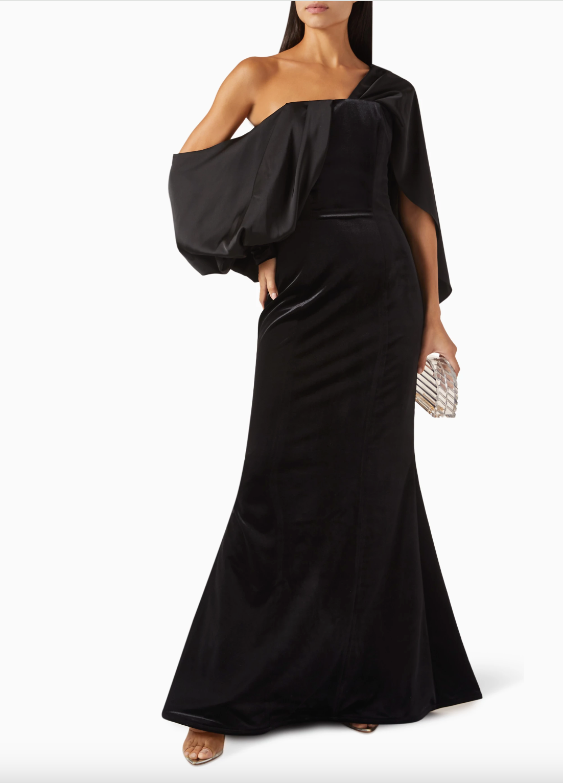 COLUMN DRESS WITH ASYMMETRICAL- SHOULDER DRAPED SHAWL