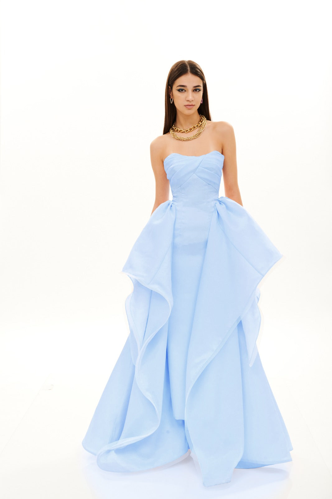 WATERFALL BUSTIER PLEAT GOWN