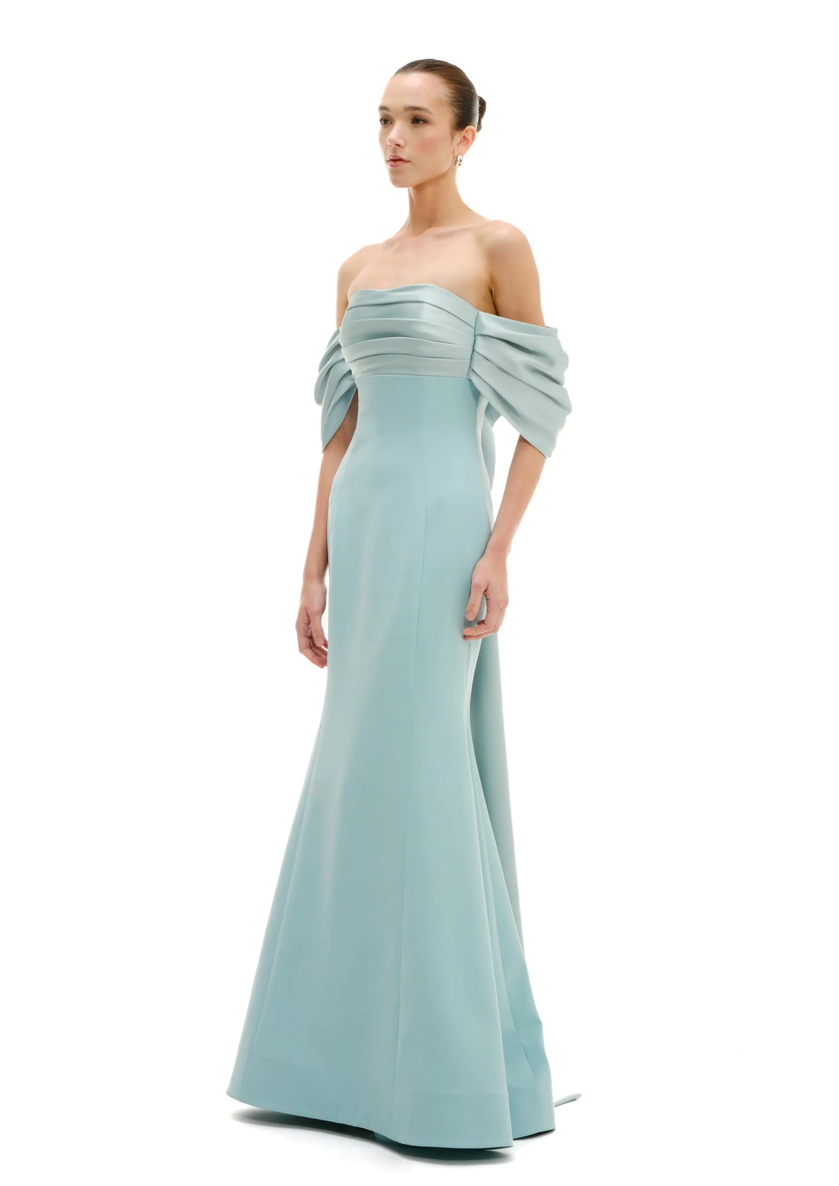 Avaro Figlio pastel green bustier mermaid maxi dress with draped sleeves worn by model