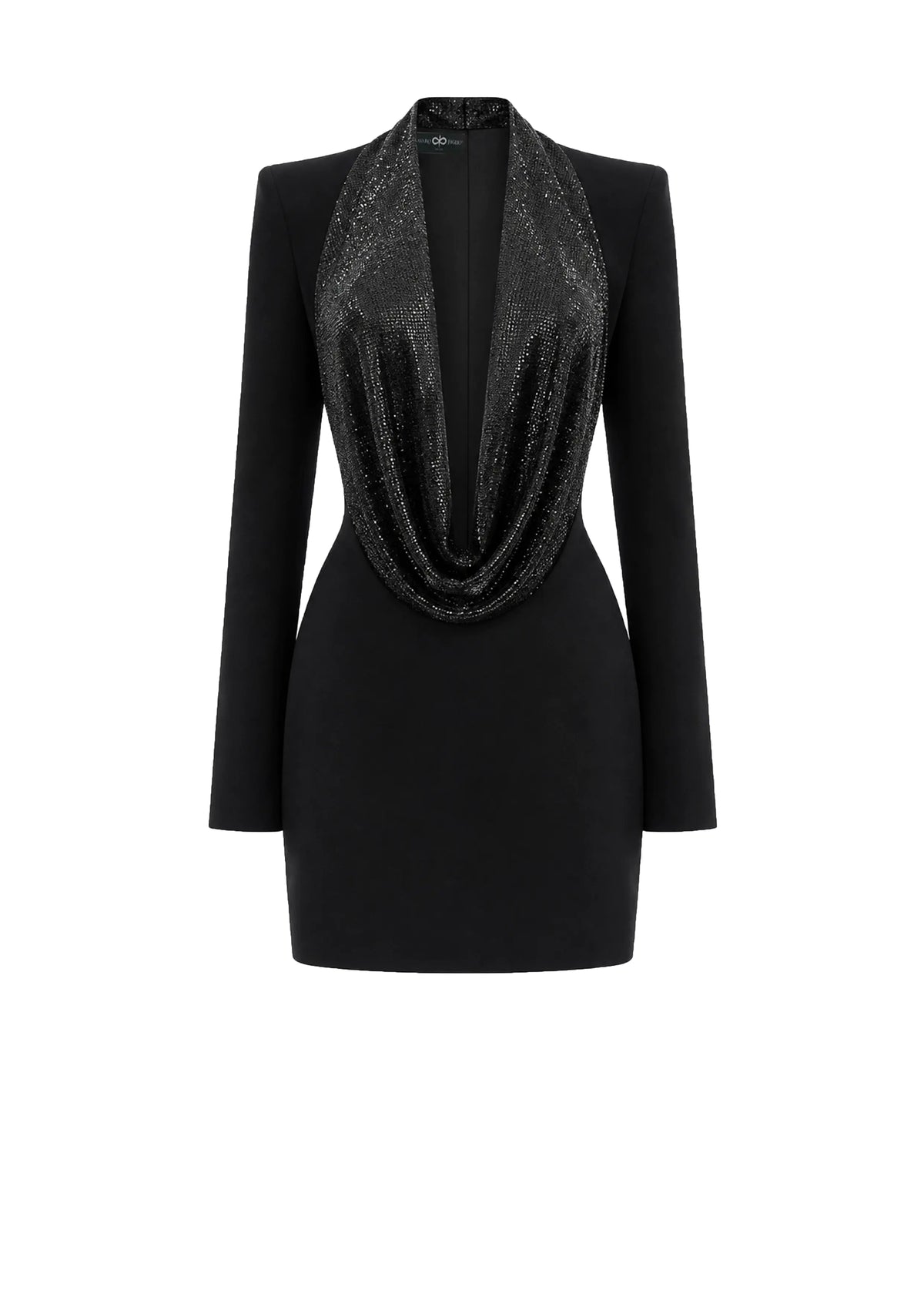 A black avaro-figlio long-sleeve bodycon dress with a dramatic draped cowl neckline covered in shimmering sequins, shown against a plain white background.