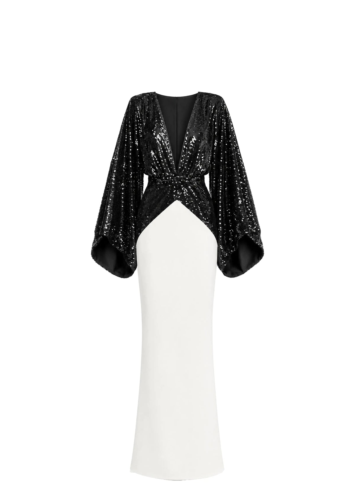 Avaro figlio floor-length evening dress with a black sequined draped overlay and wide kimono sleeves, paired with a solid white fitted skirt, shown against a plain white background.