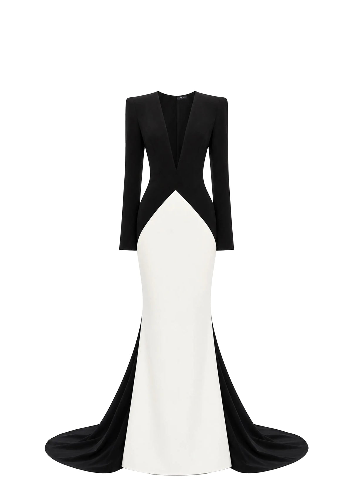 A long-sleeved black and white avaro figlio color-block evening gown with a structured black bodice, plunging neckline, and a dramatic flared black skirt train, shown on a plain white background.