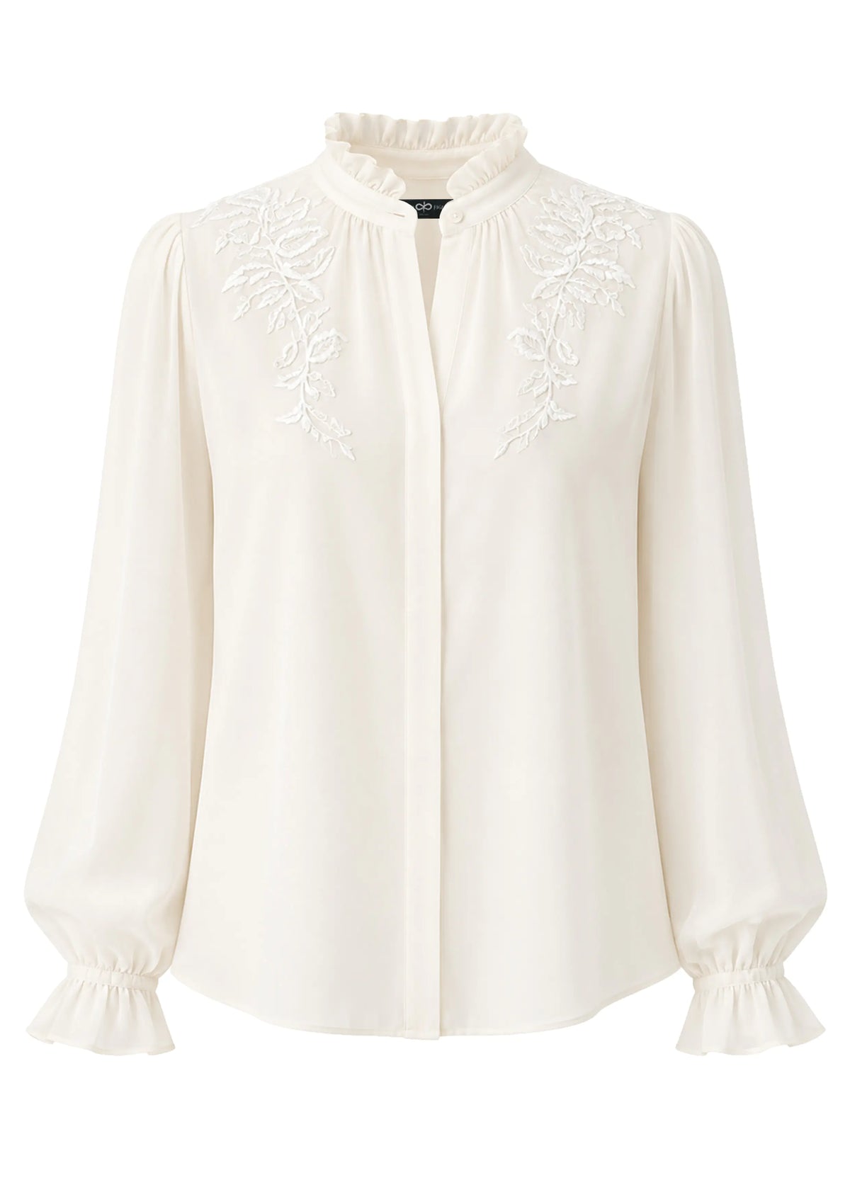 Avaro Figlio off-white long-sleeve blouse with delicate floral embroidery on the chest, a ruffled high collar, and ruffled cuffs, shown against a plain white background.