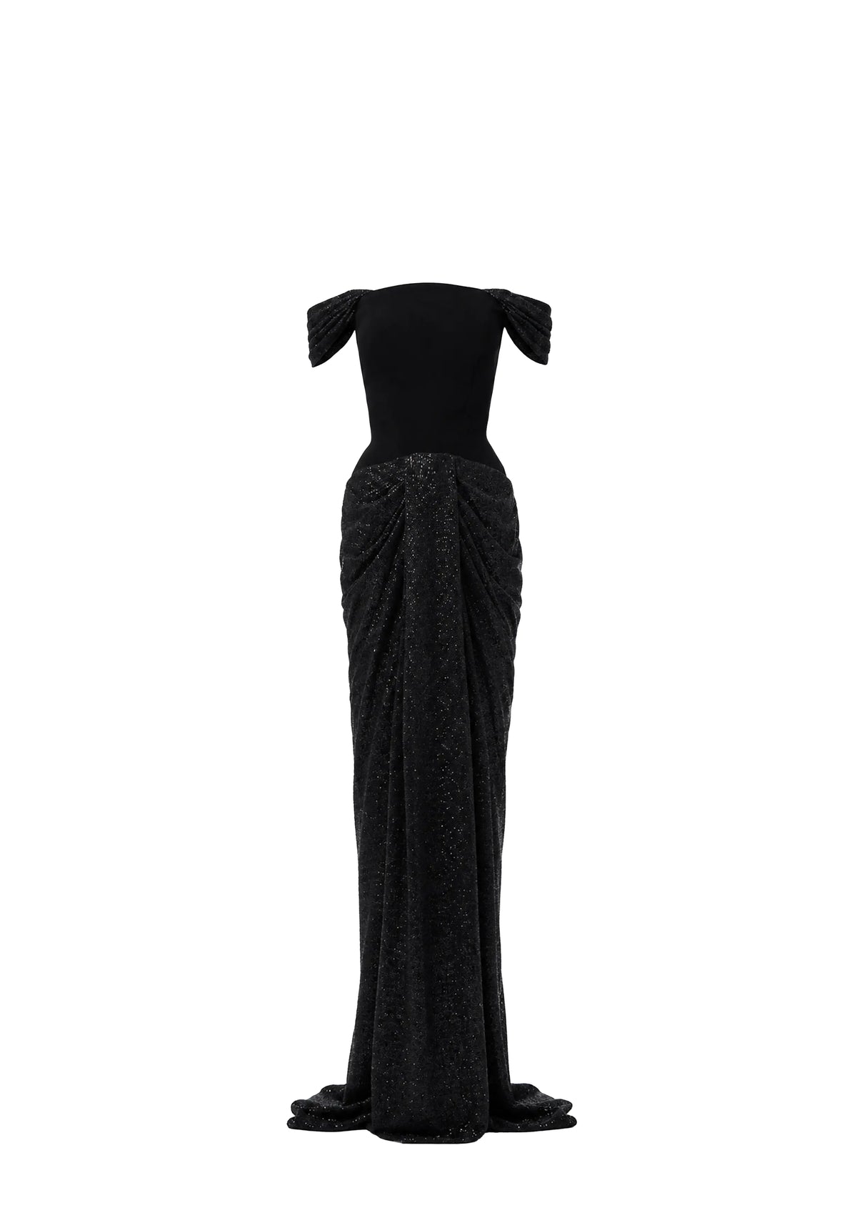A floor-length black Avaro Figlio off-the-shoulder gown with a structured bodice and a heavily textured, draped, and shimmering skirt, shown against a plain white background.
