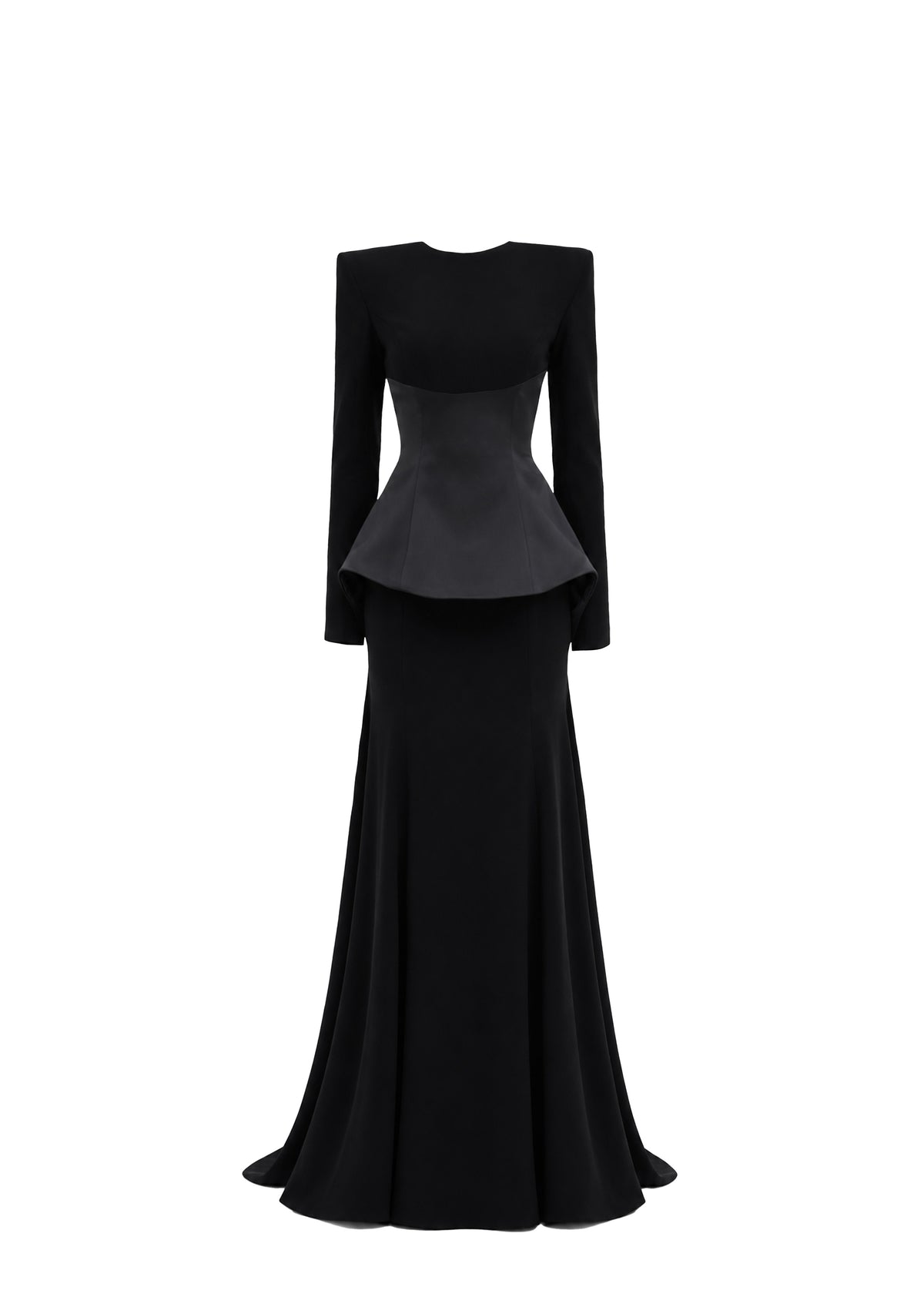 A long black evening Avaro Figlio gown with structured shoulders, long sleeves, a peplum waist, and a flared skirt, shown against a plain white background.