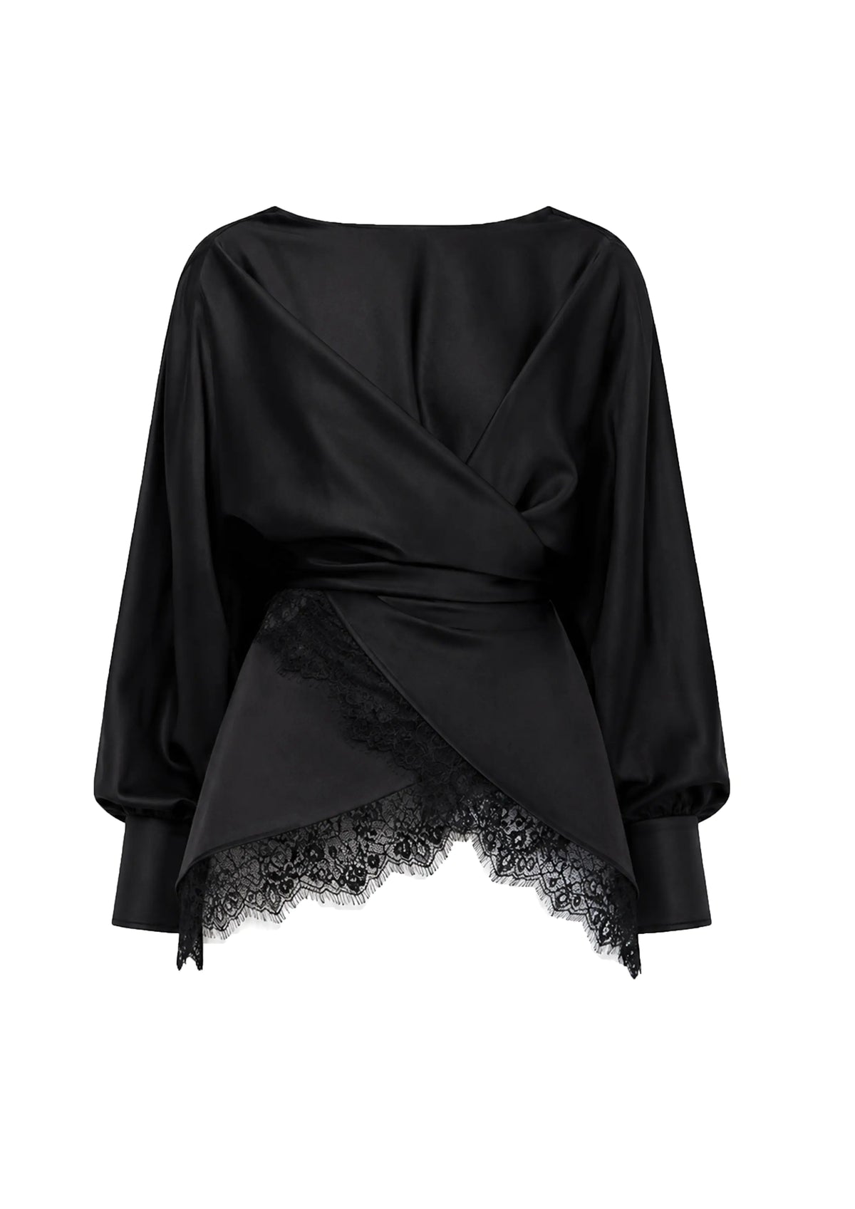 Avaro Figlio black wrap-style blouse with long balloon sleeves and a sheer black lace hem, shown against a plain white background.