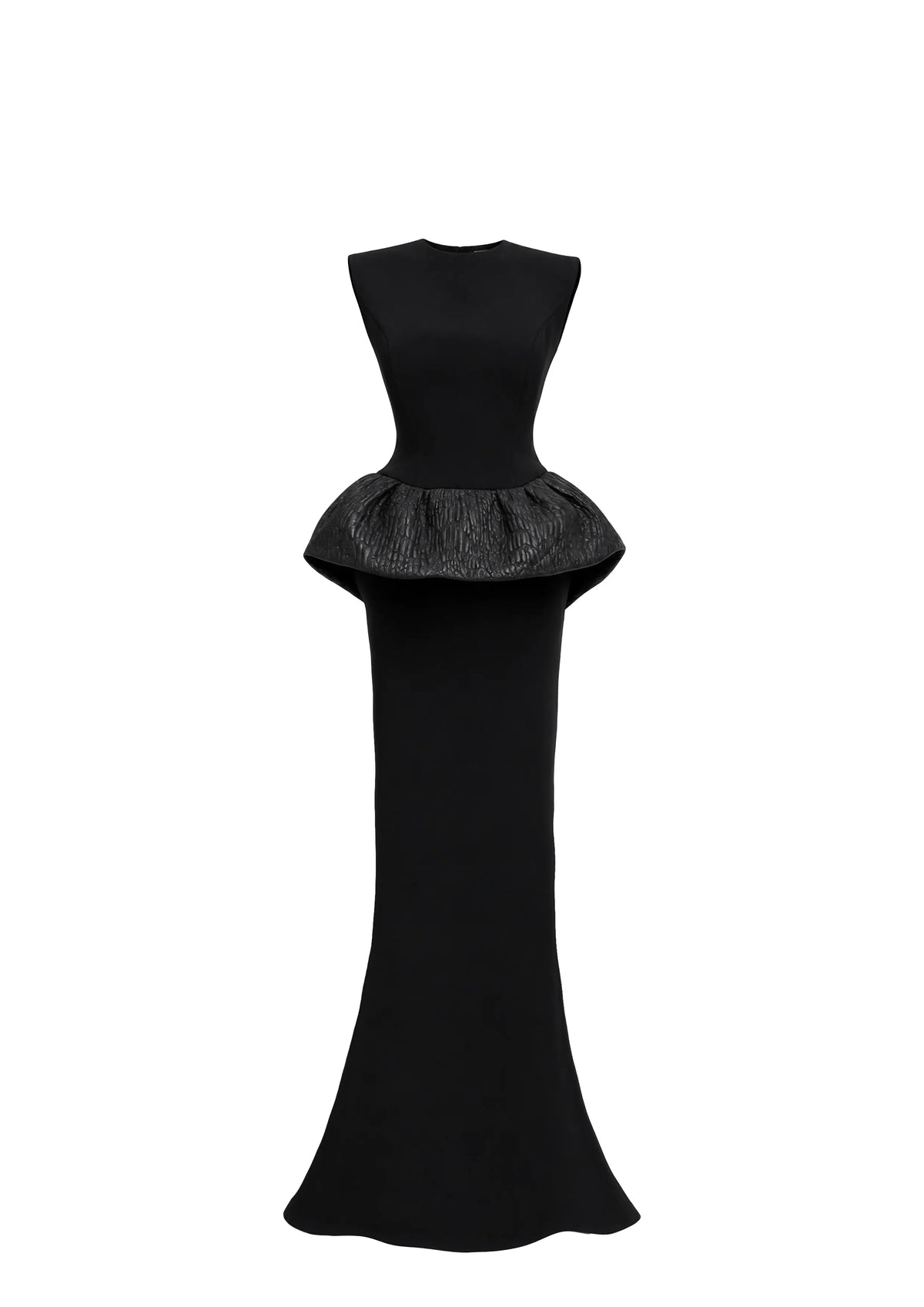 A sleeveless Avaro Figlio black maxi dress with a structured, fitted bodice, a textured ruffled peplum waist, and a flared skirt, shown against a plain white background.