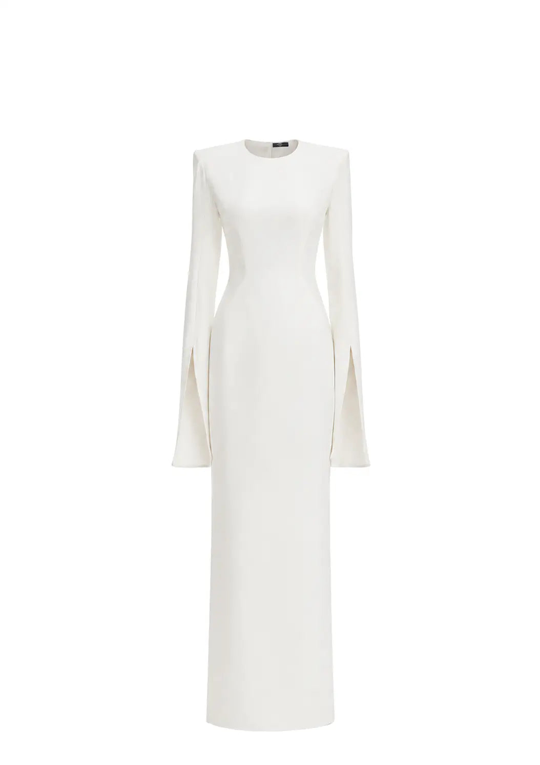 Avaro Figlio white long-sleeve maxi dress with structured shoulders and a round neckline, shown against a plain white background.