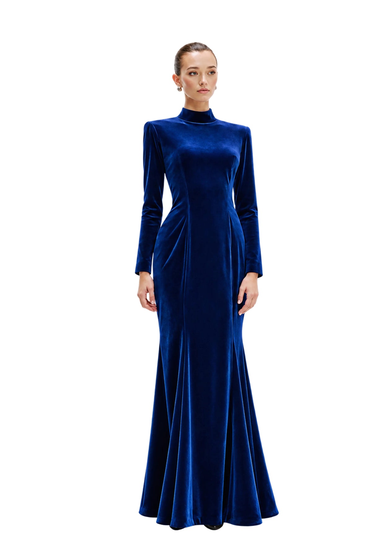 Model wearing Avaro Figlio long-sleeved, high-neck floor-length avaro figlio gown in rich royal blue velvet against a light gray studio background.