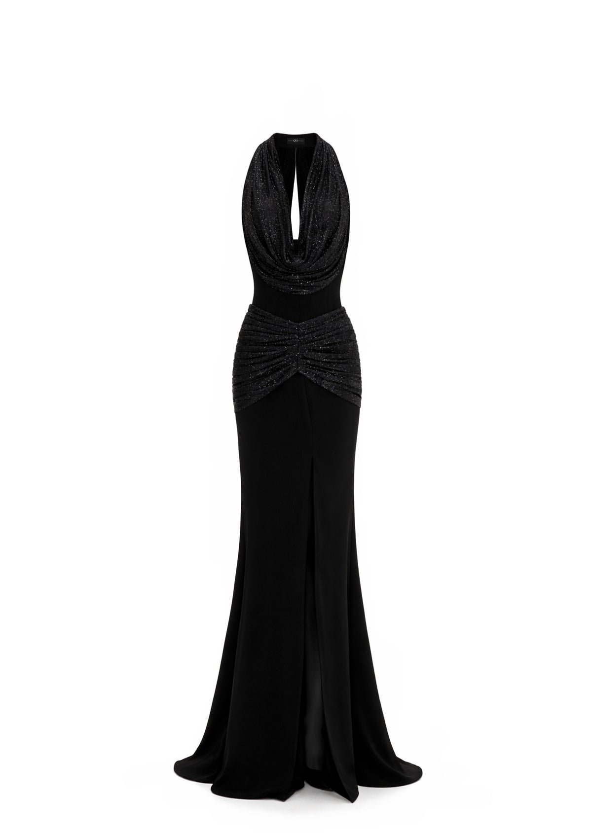 Full-length view of the black Sheer Crystal Cowl Neck Dress by Avaro Figlio.