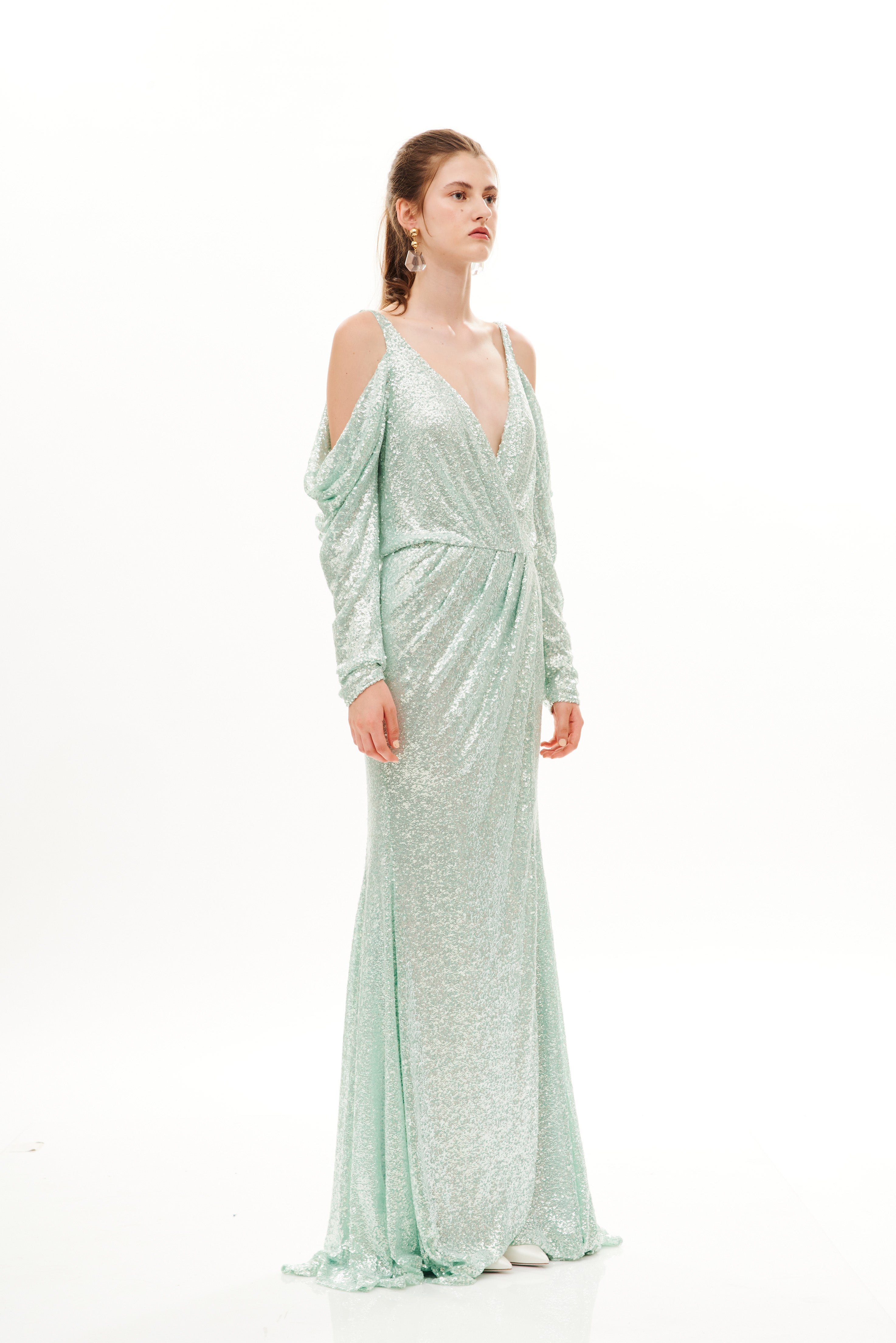 PORTAFOGLIO CUT DRAPED SLEEVES LONG DRESS