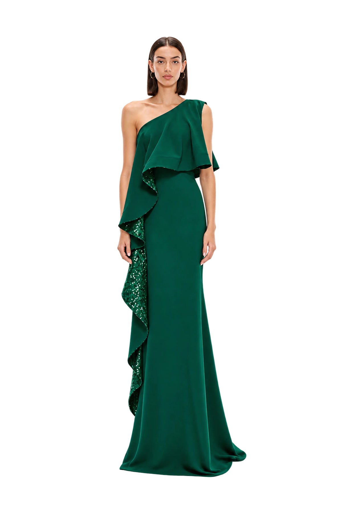 model wearing avaro figlio fall winter 26 forest green sequin one-shoulder maxi dress front
