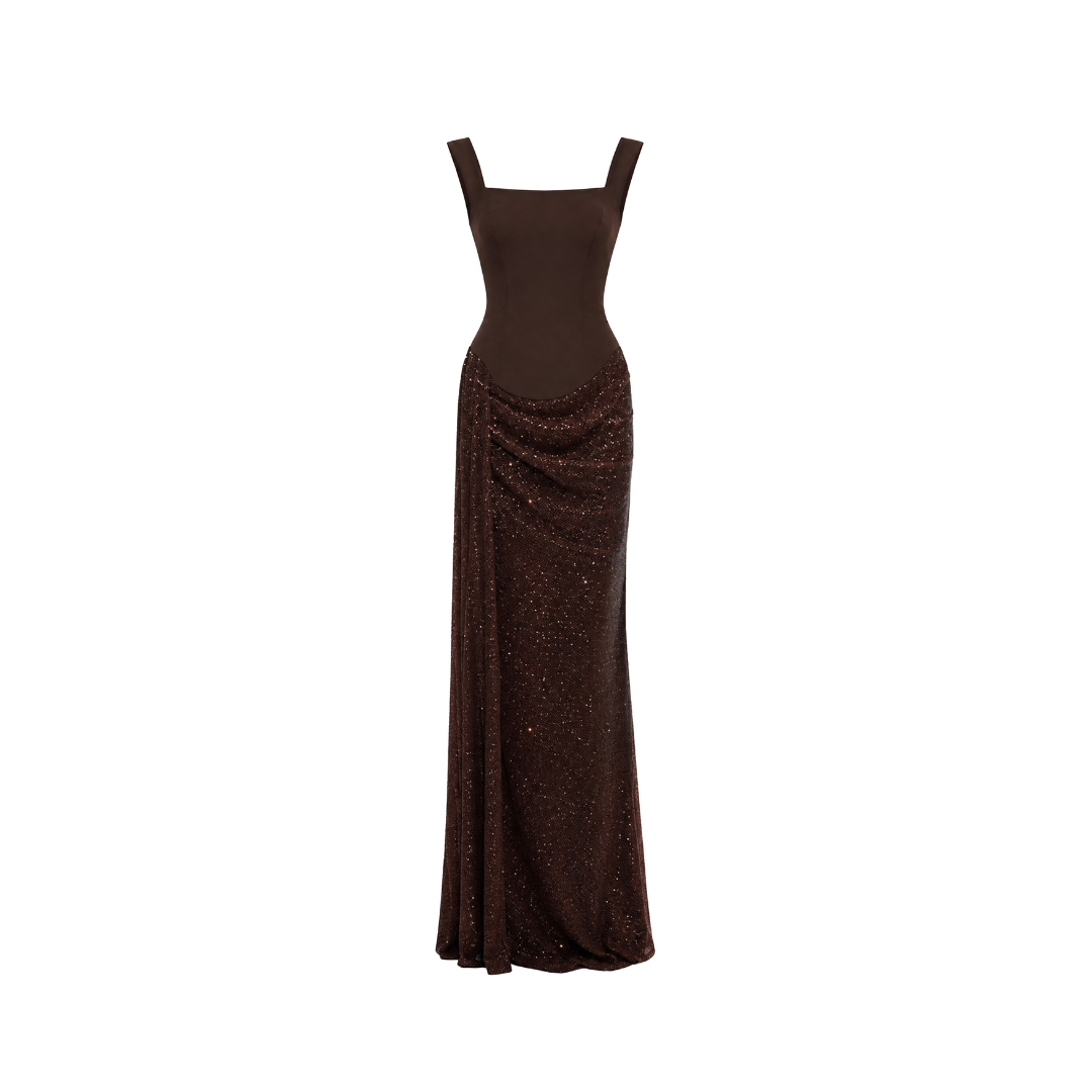 Celestial Brown Crystal Boat Neck Maxi Dress