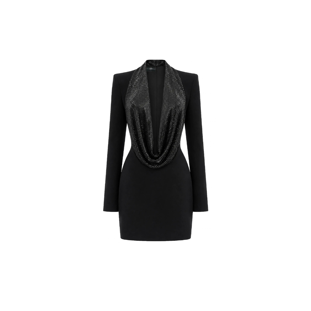 Black Crystal Cady Mini Dress with Cowl Neck