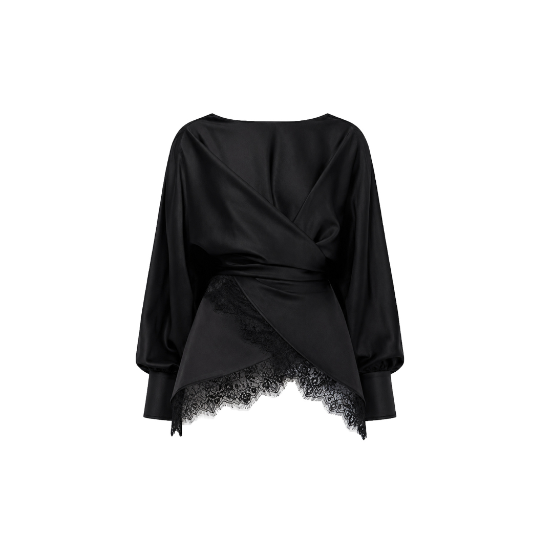 Tres Chic Wrap-Front Cady & Lace Blouse