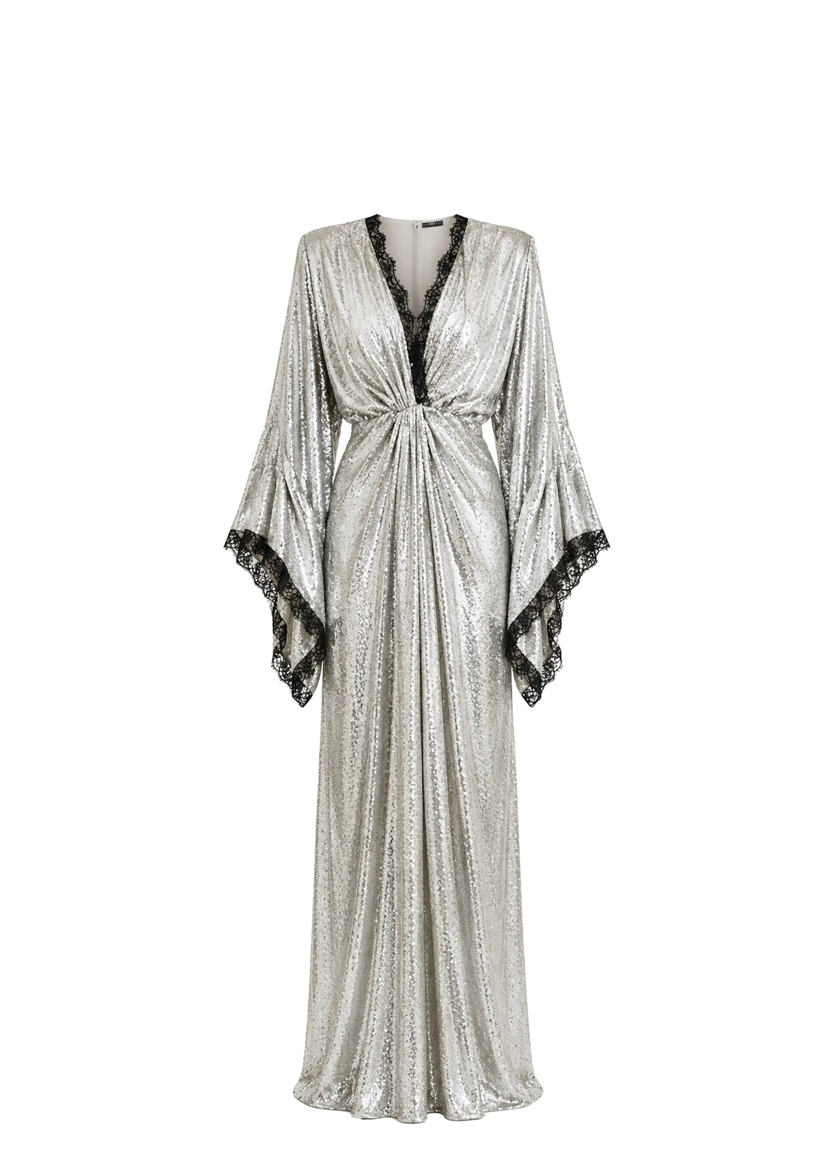 A floor-length silver sequined gown with a V-neckline, dramatic flared sleeves, and black lace trim along the neckline and sleeve hems, shown against a plain white background.