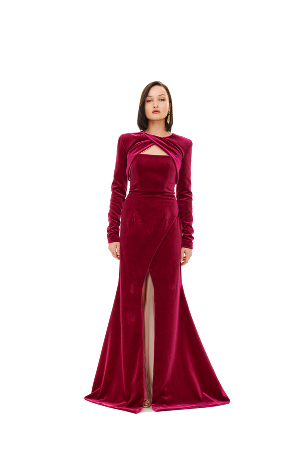 DRAPED CORSET DRESS WITH CROPPED JACKET COVERSHOULDER