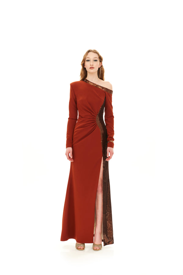 RUCHED ASYMMETRIC MAXI DRESS