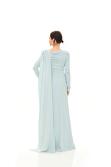 OFF-SHOULDER GATHERED LONG MANTELLA DRESS WITH EMBROIDERY