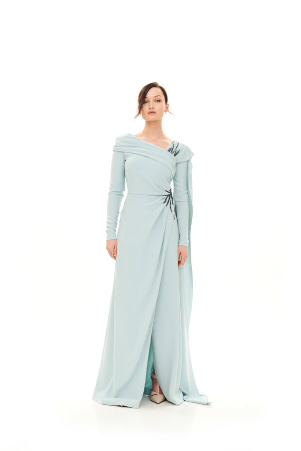 OFF-SHOULDER GATHERED LONG MANTELLA DRESS WITH EMBROIDERY
