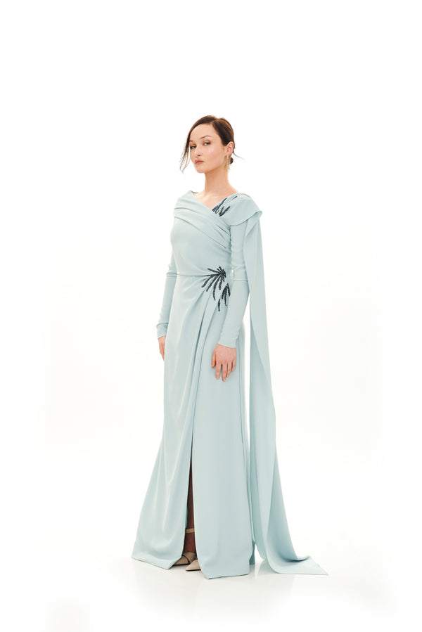 OFF-SHOULDER GATHERED LONG MANTELLA DRESS WITH EMBROIDERY